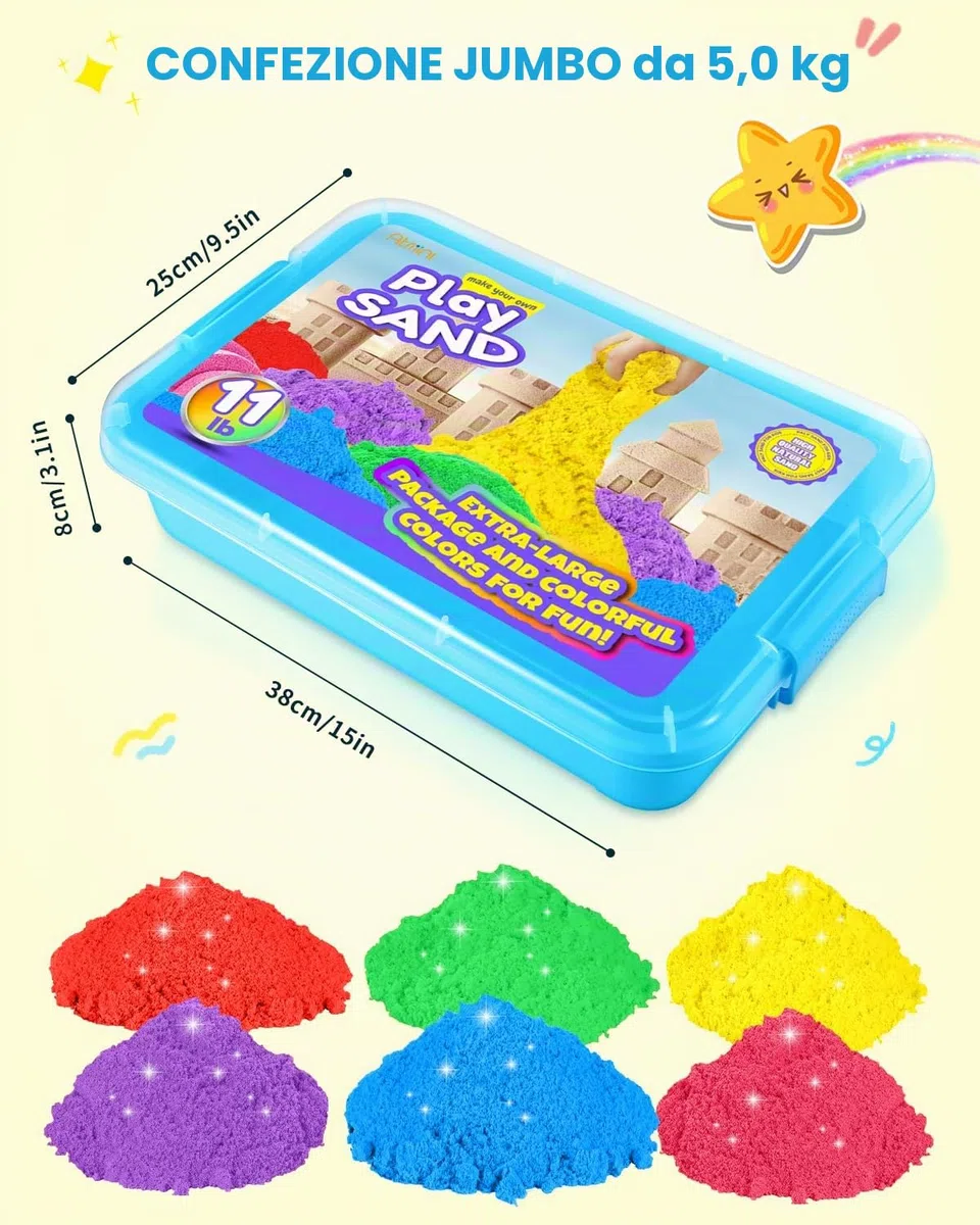 Sabbia Magica per Bambini 5000g 6 Colori Set con Coperchio