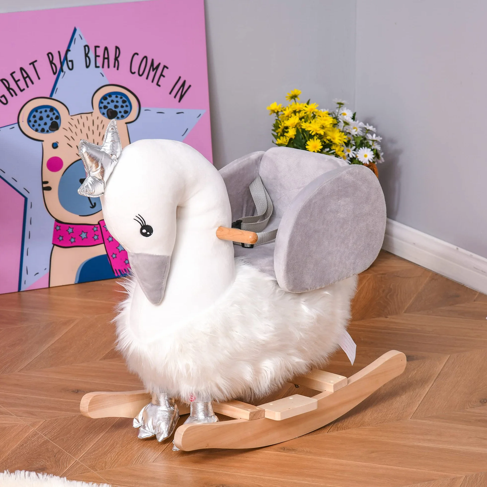 HOMCOM Cavallo a Dondolo per Bambini a Forma di Cigno, Dondolo Giocattolo Cavalcabile per Bambini 18-36 Mesi (Max 40kg), in Legno di Pioppo e Peluche, Bianco e Grigio
