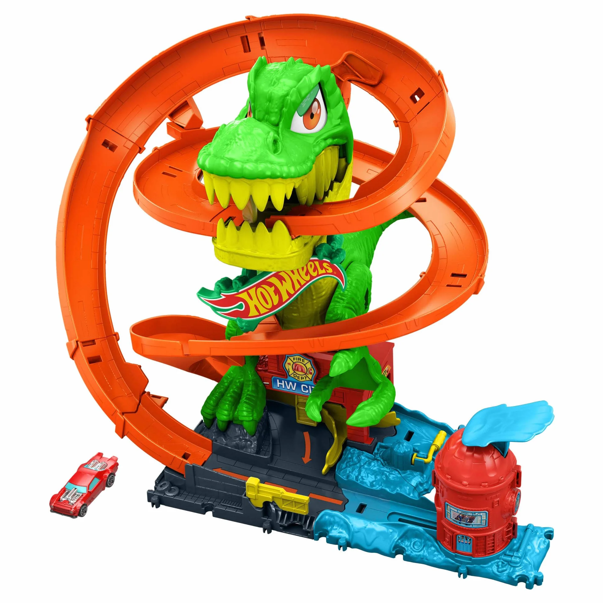 Hot Wheels City - T-Rex Battaglia Infuocata, playset stazione dei pompieri con dinosauro occhi rotanti e pista per gareggiare, camion dei pompieri incluso, giocattolo per bambini, 4+ anni, JBM73