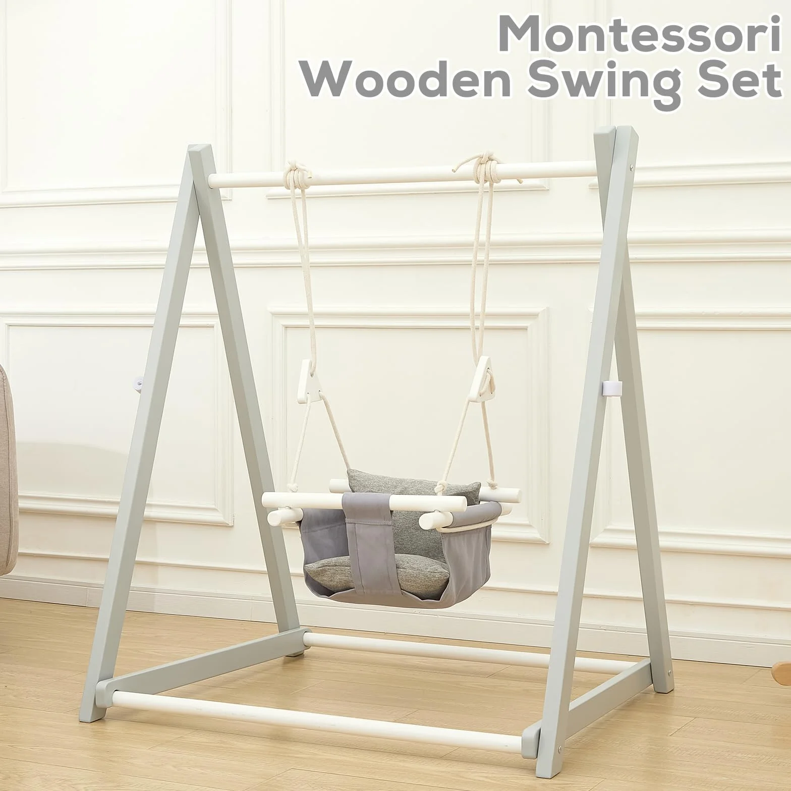FUNLIO Altalena in legno per bambini dai 6 ai 36 mesi, set altalena pieghevole con 4 sacchi di sabbia, altalena per bambini, per interni ed esterni, colore grigio