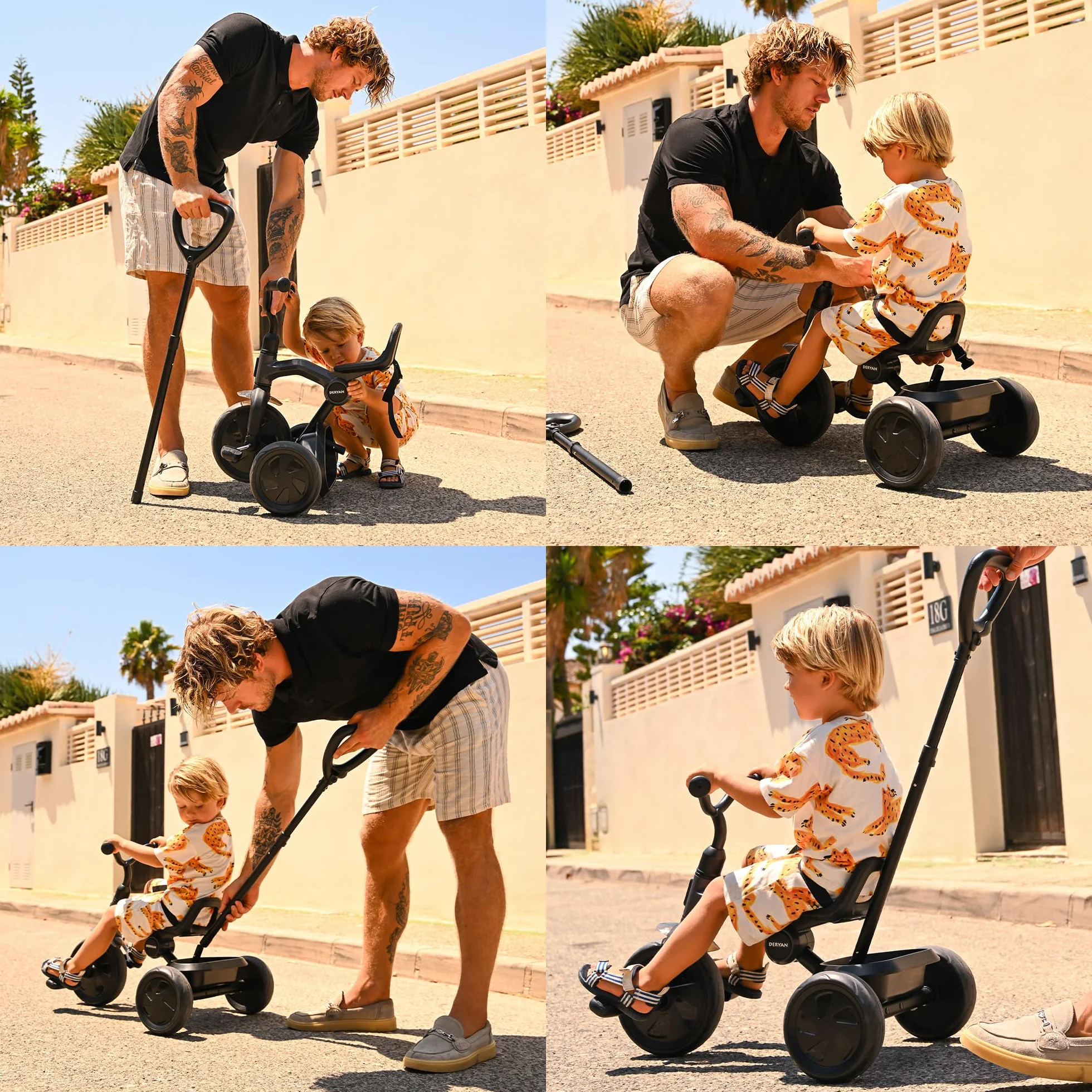 Deryan Triciclo 2in1 Drifter - Triciclo per bambini da 2 anni a 6 anni - Aiuto per l'apprendimento della deambulazione, portata fino a 25 kg - Incl. barra di sterzo, cintura di sicurezza - Pieghevole