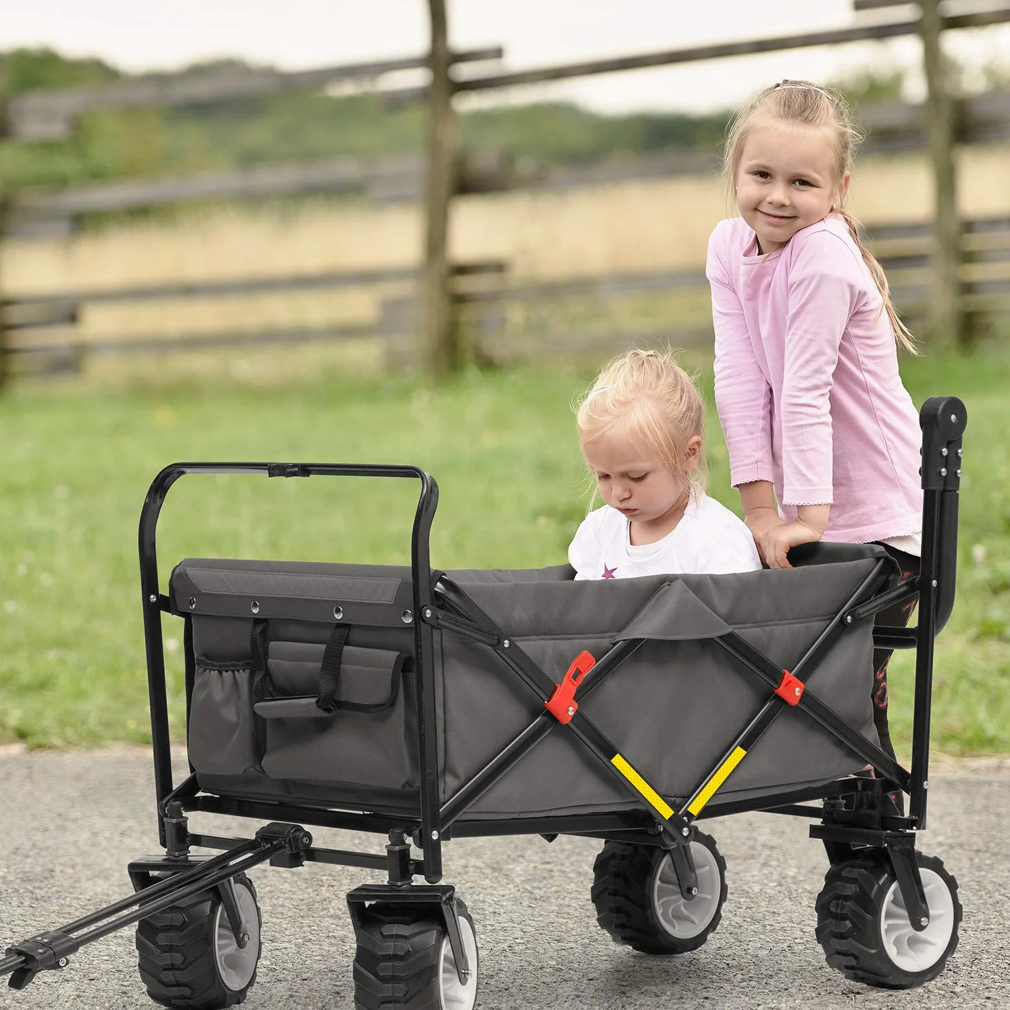 Waldbeck Easy Rider - Carretto, Carretto a Mano, Portata Fino a 70 kg, Copertura in Poliestere 600D, 2 Cinture di Sicurezza per Bambini, Pieghevole, Braccio Telescopico, Grigio