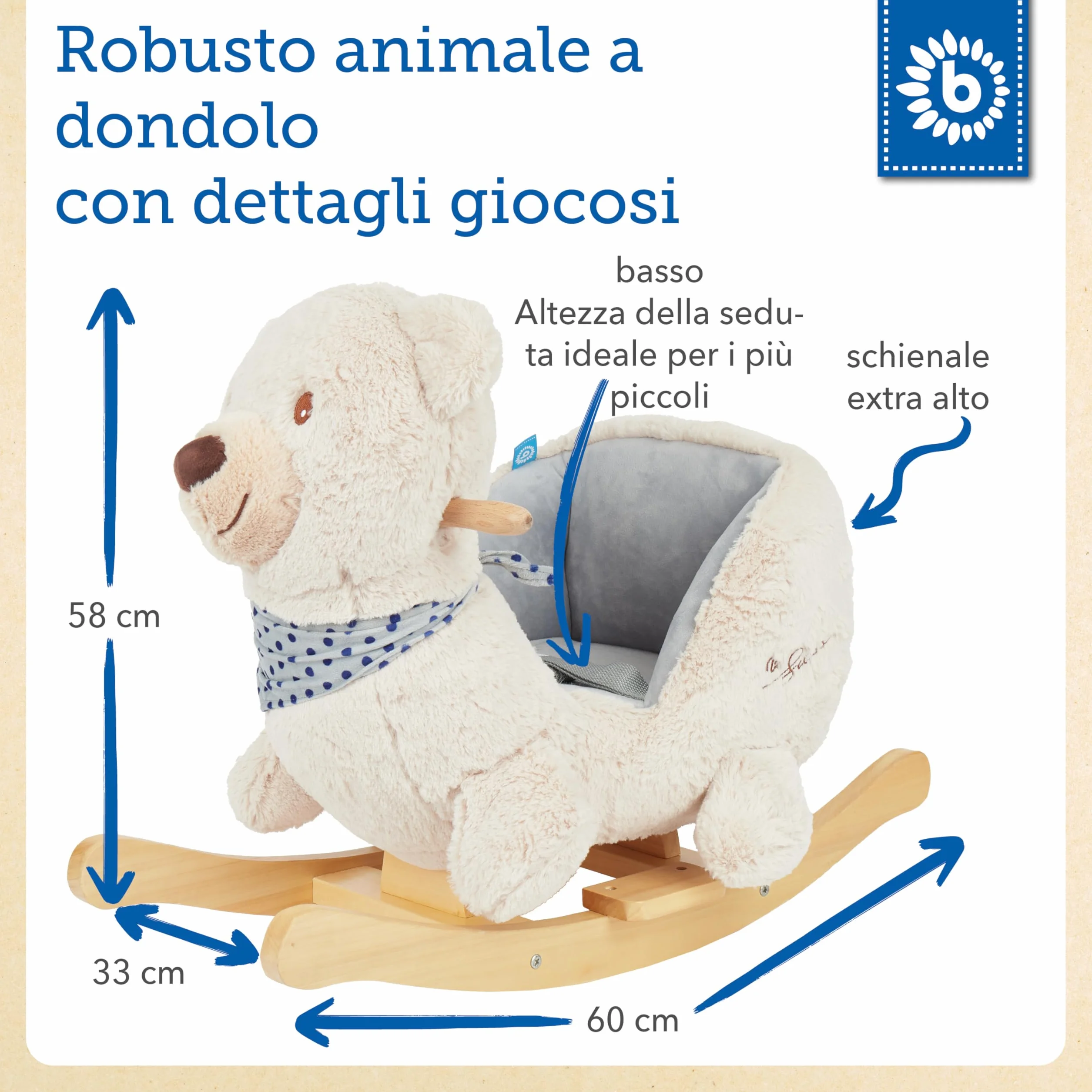 Bieco 74002111 - Dondolo Peluche Crema Orso Giocattolo, Sedia a Dondolo per Bambini con Struttura in Legno, Seduta e Schienale, Giocattoli a Dondolo, Schaukelbär per Neonati e Bambini da 9m +