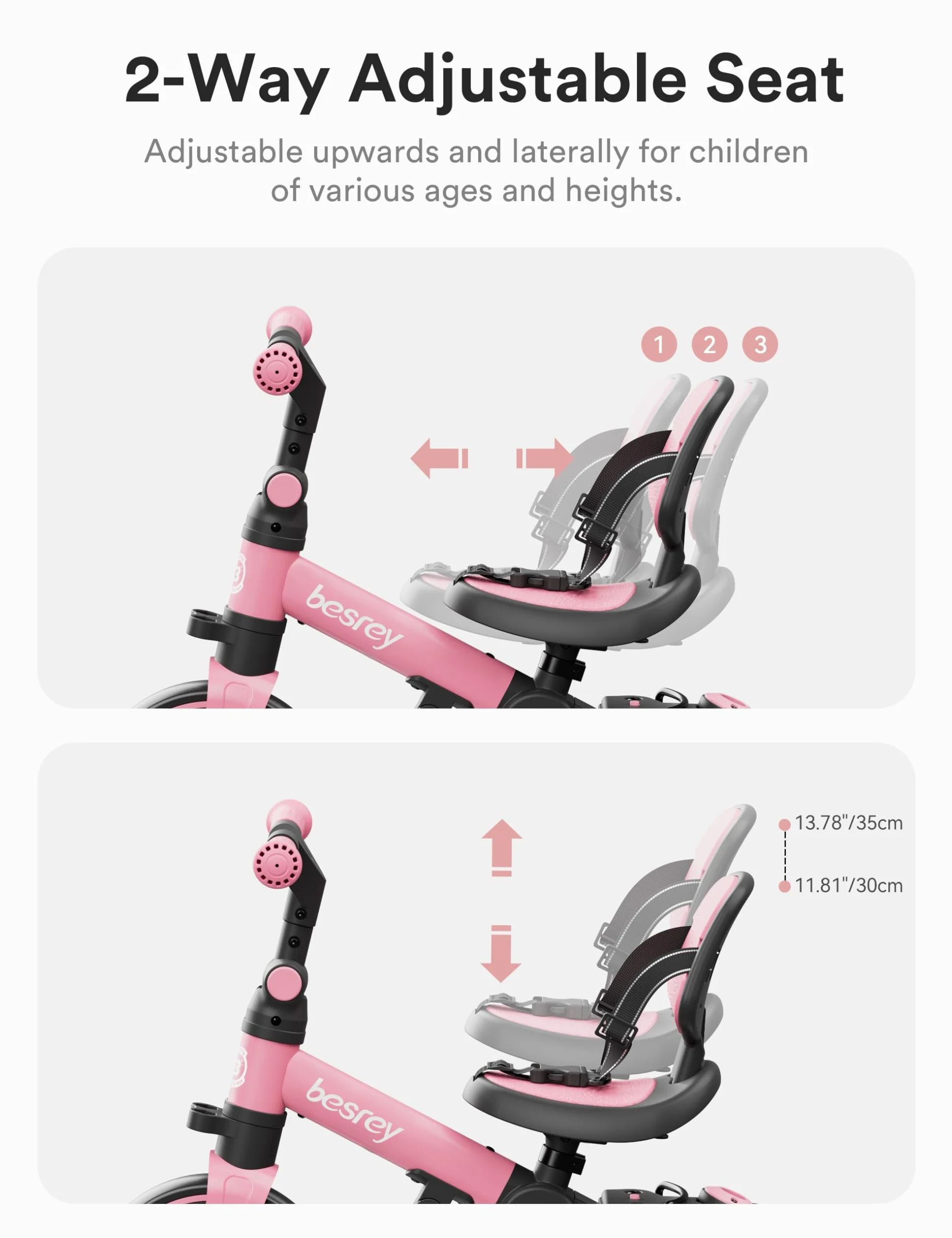 besrey Triciclo per Bambini 4 in 1, Bici senza Pedali per bambine e bambini da 1 a 3 anni, Triciclo con Maniglia di Spinta, Schienale e Cintura di Sicurezza, Rosa