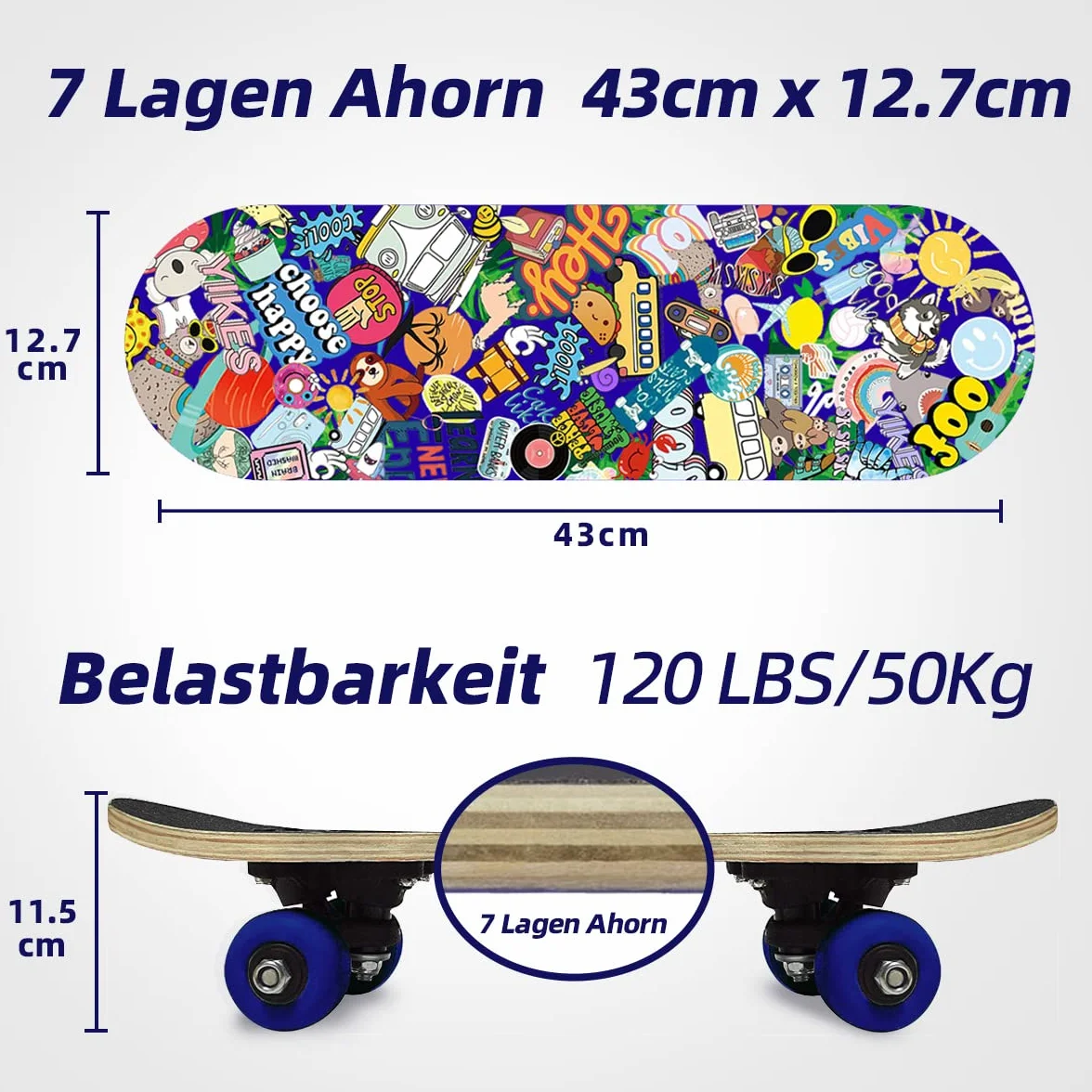Mini Skateboard per Bambini Principianti - Cruiser Con Grafica Fantastica, 3-6 Anni, Tavola in Legno d'Acero 17", Ruote 54 mm, Leggero