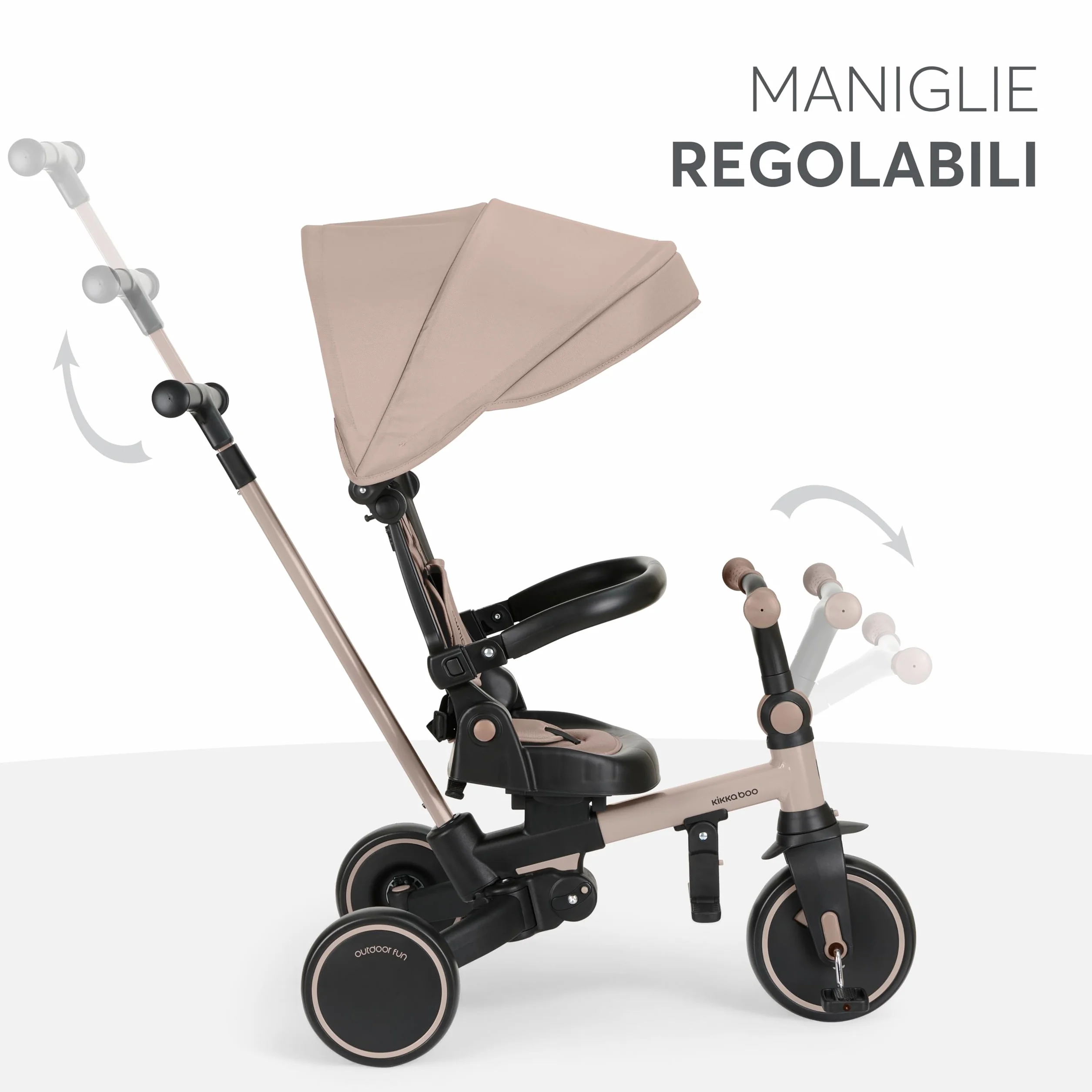 KikkaBoo Triciclo Evolutivo 8 in 1 ALUMA, da 12 Mesi a 5 Anni, Triciclo Passeggino Pieghevole con Maniglione per Genitori, Beige