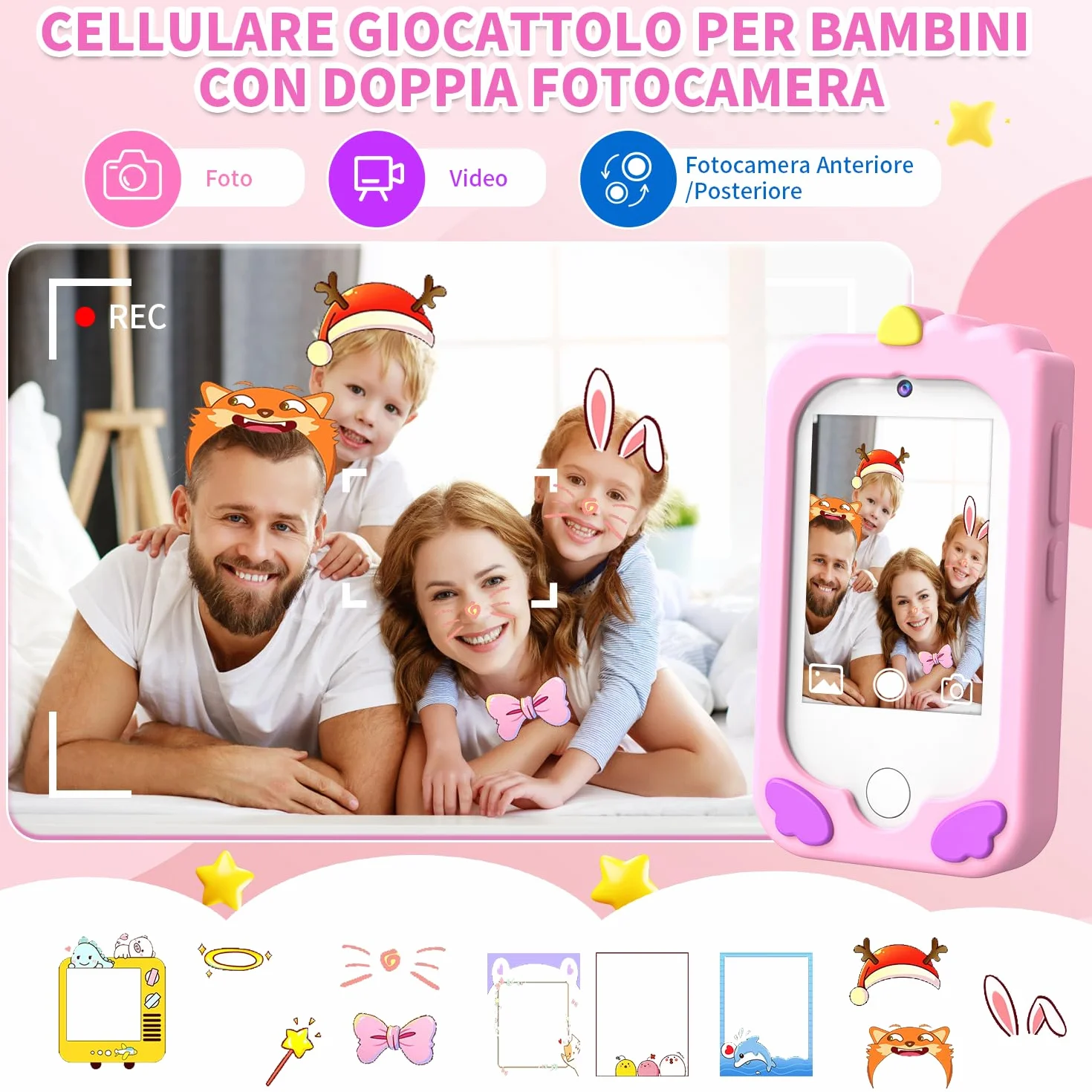 CHAKEYAKE Telefono per Bambini, Macchina Fotografica Bambini con 2,8" Tattile, Doppio Kamera, Lettore MP3, Scheda SD 32 GB, Regali di Natale e Compleanno per 3 4 5 6 7 8 9 10 Anni (Rosa)