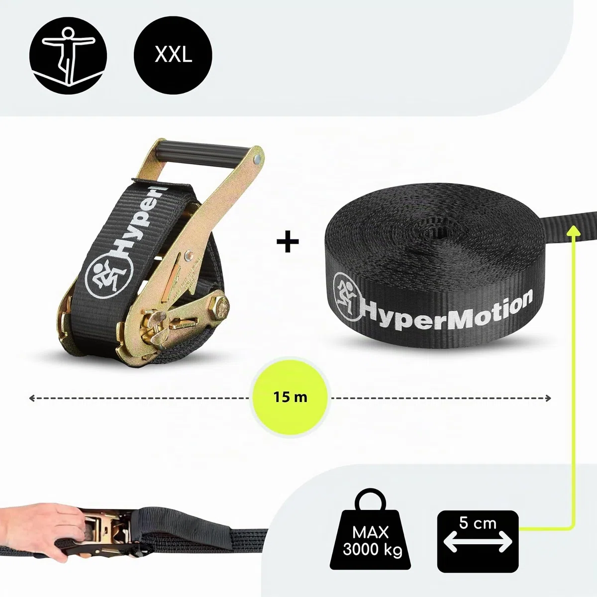 HyperMotion Percorso Ostacoli Bambini Ninja 7 Elementi Set Slackline 15m Aste Ruote Pugni di Scimmia Kit Allenamento Giardino Arrampicata Equilibrio Portata 113 kg