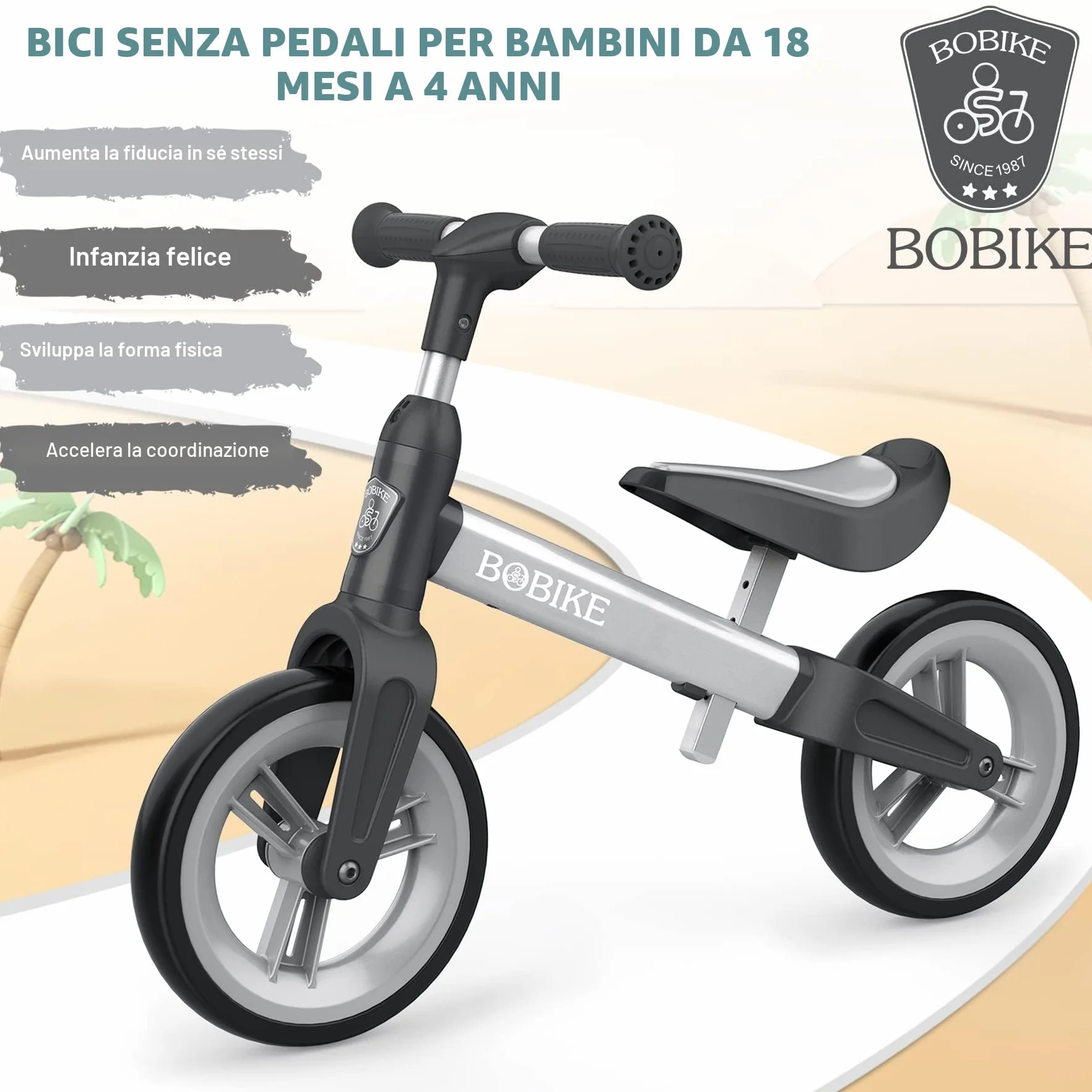 MHCYLION Bicicletta Bambini Senza Pedali per 1,5-4 Anni Fino a 25 Kg, volante e sellino Regolabili in Altezza, Bloccasterzo, Giocattoli Regali per Bambini Bicicletta Equilibrio Bambino,Argento