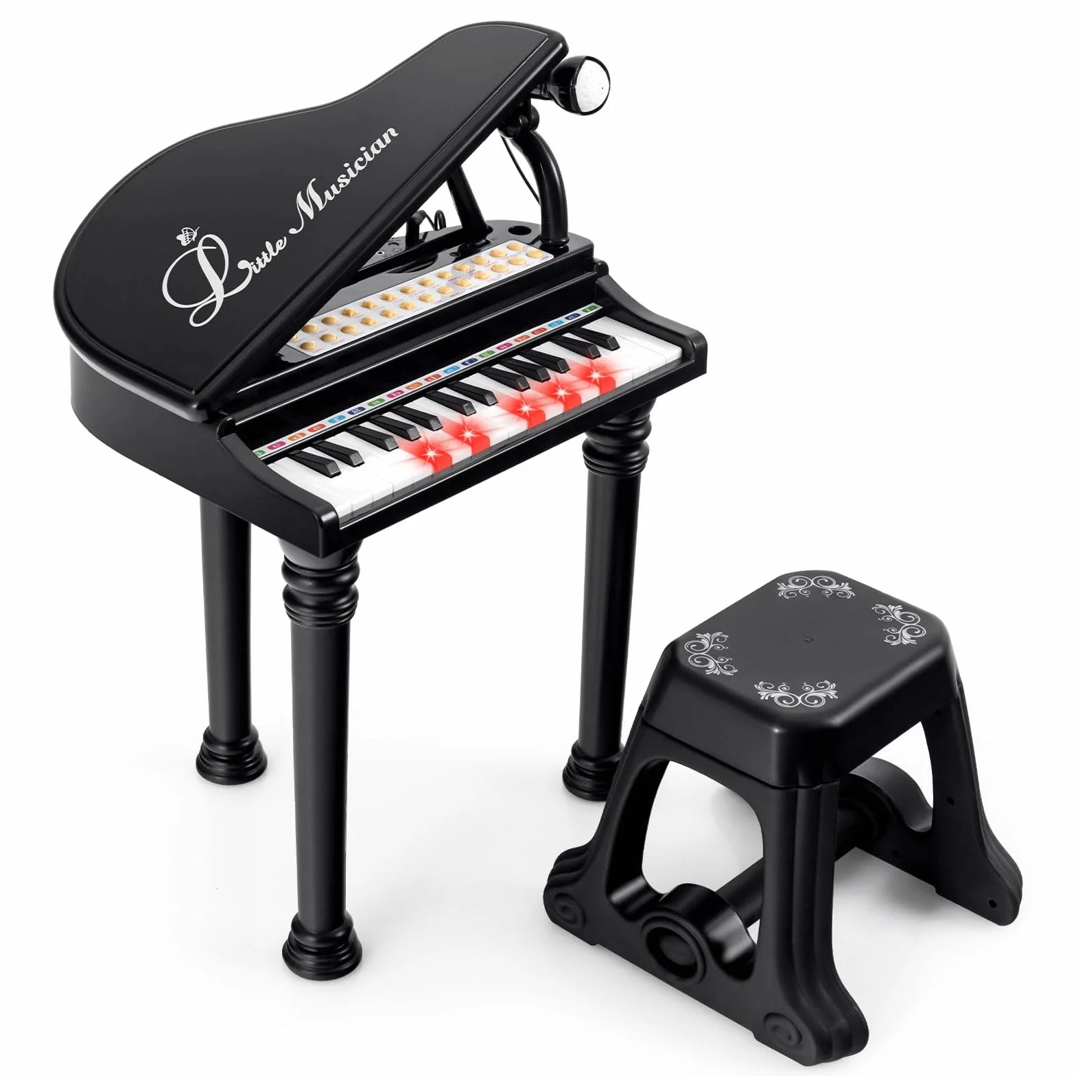 RELAX4LIFE Pianoforte per Bambini con 31 Tasti e Sgabello, Tastiera Pianoforte Elettronico con Microfono Regolabile, Giocattolo Musicale Regalo per Bambini 3+ Anni (Nero)