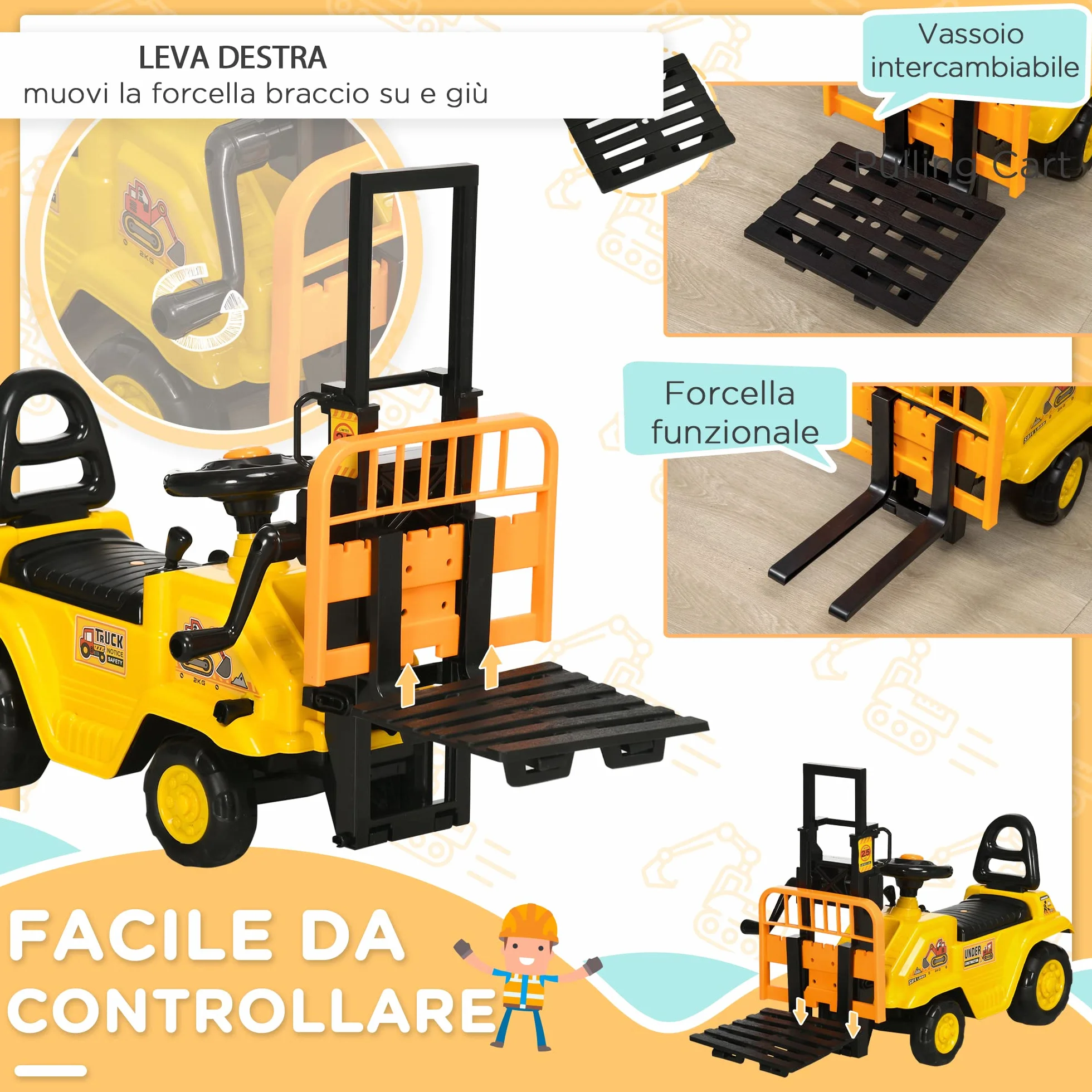 HOMCOM Trattore Cavalcabile per Bambini 3-4 Anni con Muletto, Pulsante per Suoni e Spazio Portaoggetti Nascosto, in PP e ABS, 86x27.5x47.5 cm, Giallo e Nero