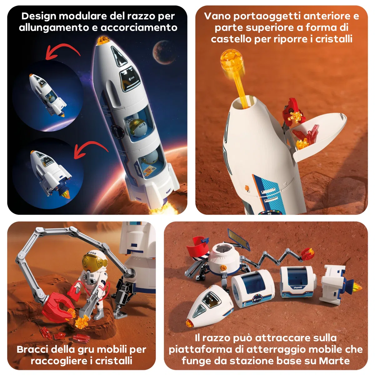 PLAYMOBIL Space ESA Mars Research Rocket | Razzo modulare con rampa di lancio e 2 astronauti | Set di giocattoli spaziali di alta qualità | Per bambini dai 4 anni in su | 72011