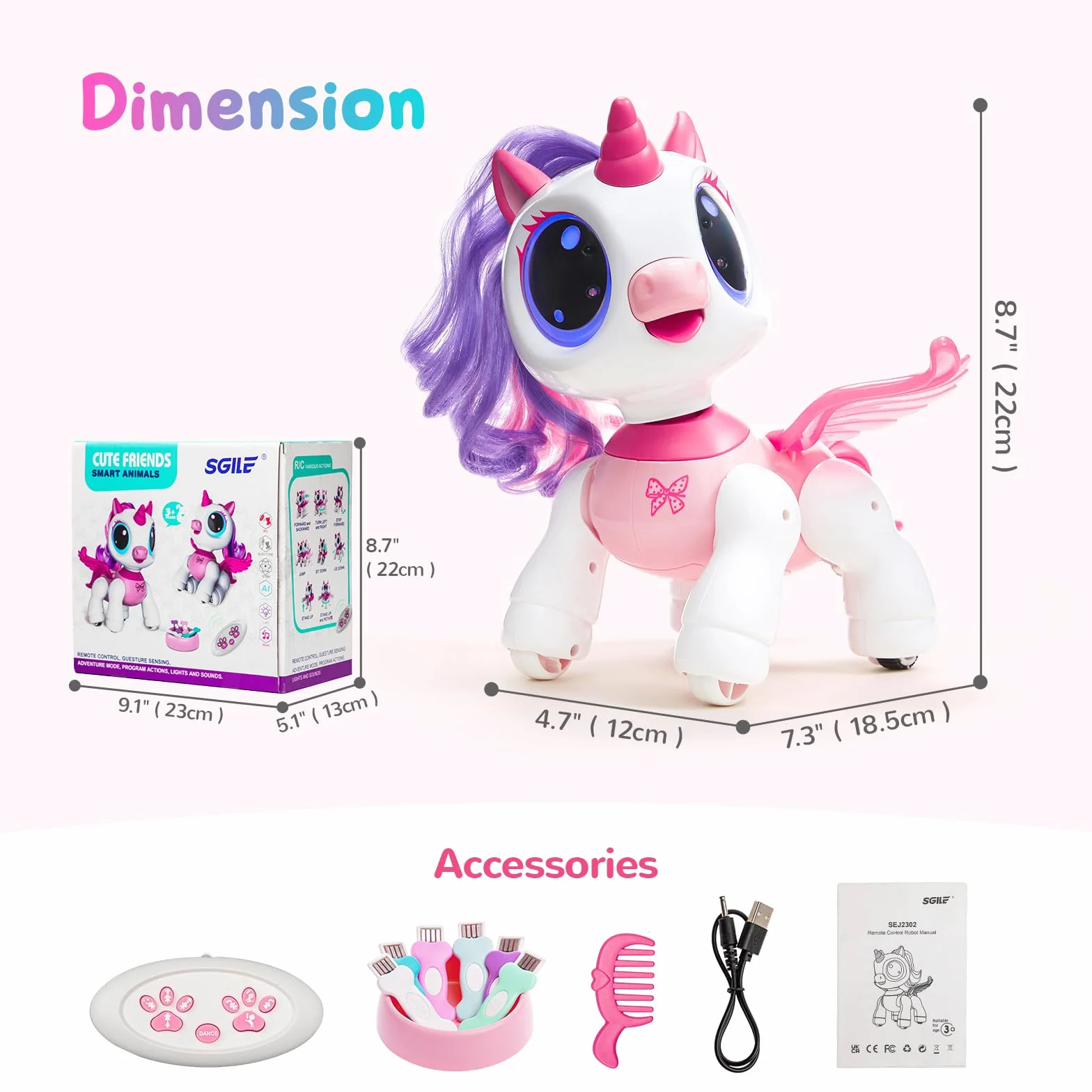 SGILE Unicorno Bambina Regalo per Bambina 3 3 4 5 6 7 Anni, Telecomando Robot Sensore di Gesto Intelligente Danza Musica Occhi LED Giocattoli, Rosa