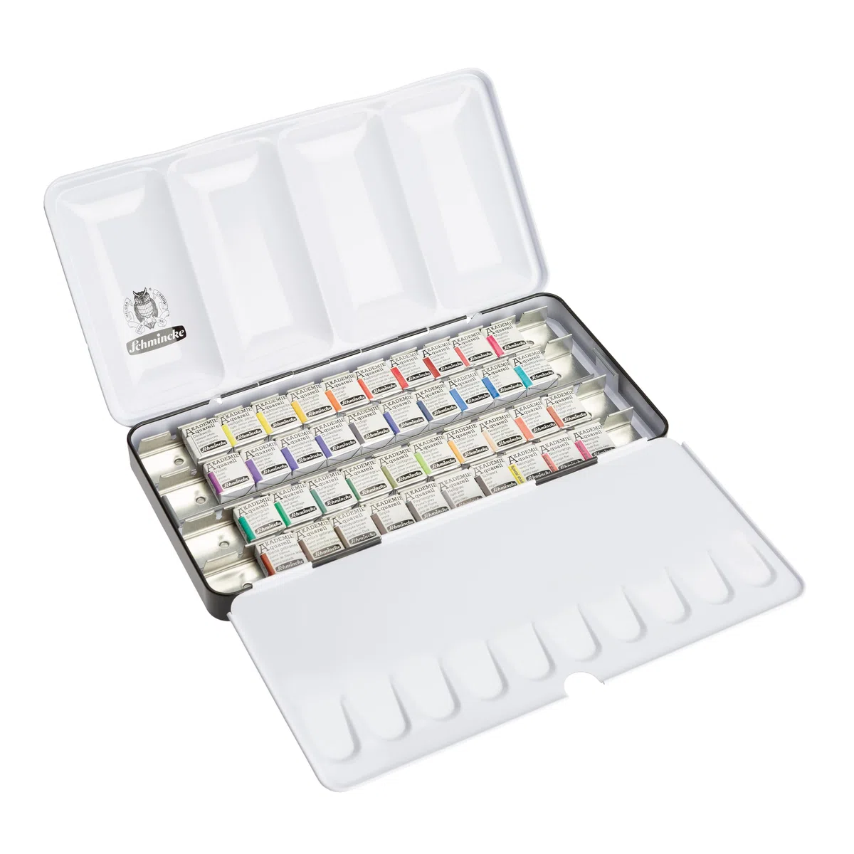 Schmincke – AKADEMIE Acquerello Compatto, scatola di metallo, 40 x 1/2 ciotole, 75 140 097, gamma completa, tonalità altamente resistenti alla luce, colori ad acquerello