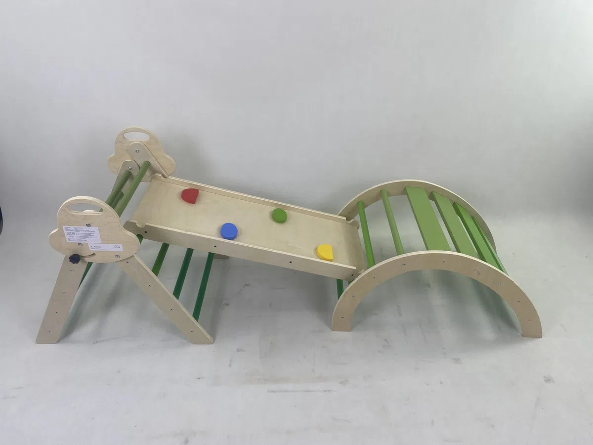 Puecrof Triangolo da Arrampicata Montessori 7 in 1 con Cuscino, Giocattolo da Arrampicata in Legno per Bambini da 1 a 3 Anni, Arco per Arrampicata Indoor con Scivolo, Scala e Arco da Gioco (Verde)