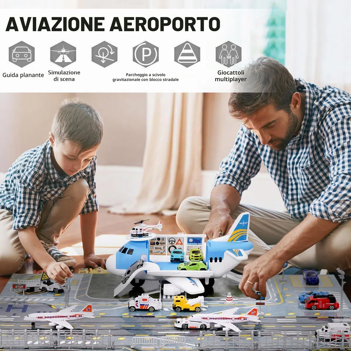 Set Giocattoli Trasporto Aereo Auto 15 Mezzi con Segnaletica Stradale Tappetini da Gioco Regalo Bambini 3+