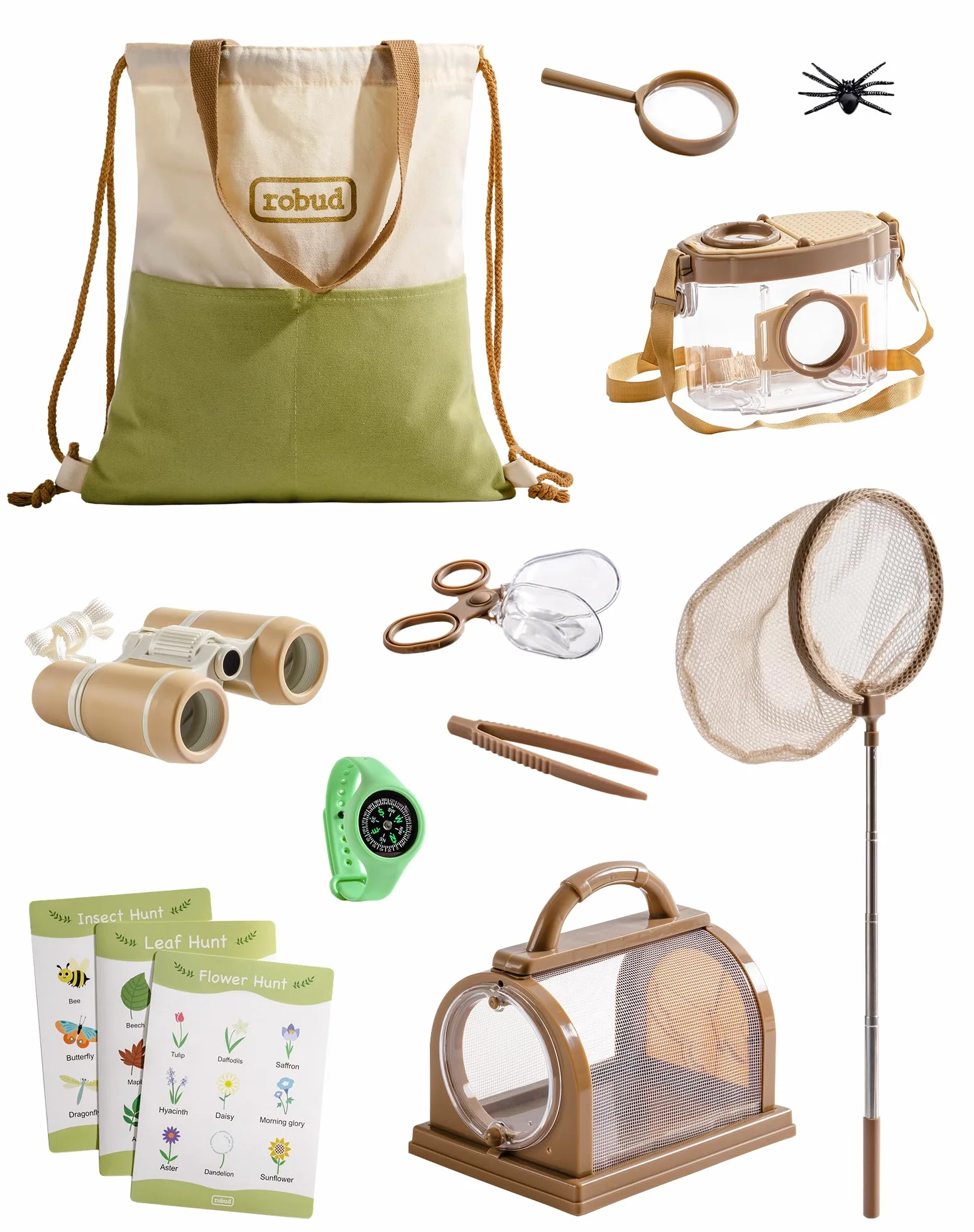 ROBUD Kids Outdoor Explorer Kit, Bug Catching Adventure Set with Butterfly Net, Magnifying Glass, Kids Binoculars, Bug Container, Carry Bag, Educational Toys Gift for Toddler Ages 3+