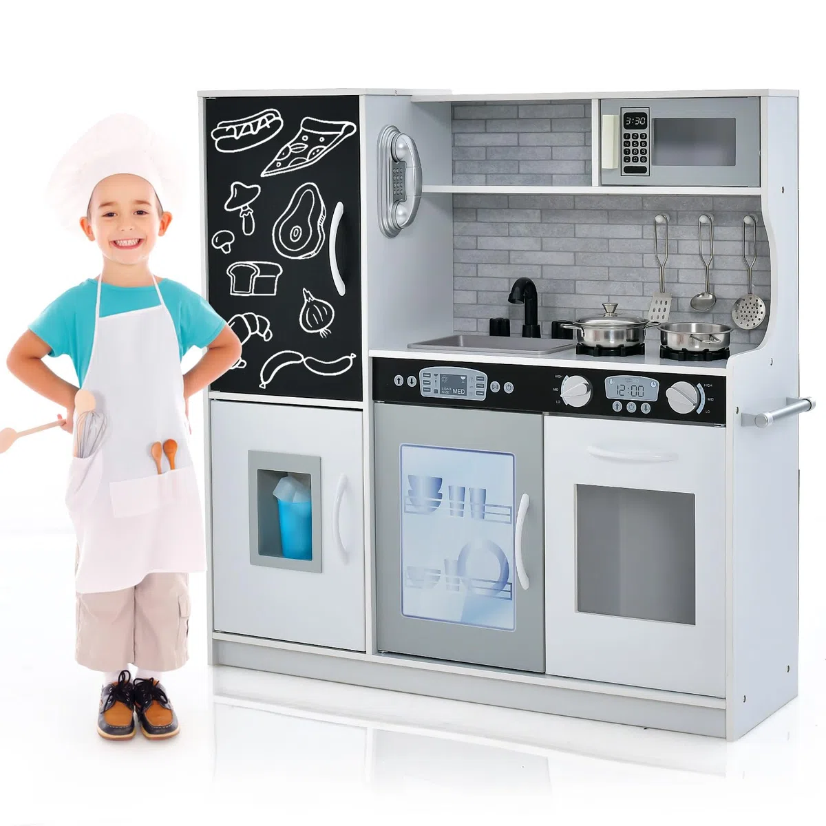 COSTWAY Cucina Giocattolo per Bambini, Cucina Legno per Bambini con Lavagna, Telefono, Microonde e Macchina per Ghiaccio, con Accessori e Suoni Realistici, per 3-6 Anni (Bianco)