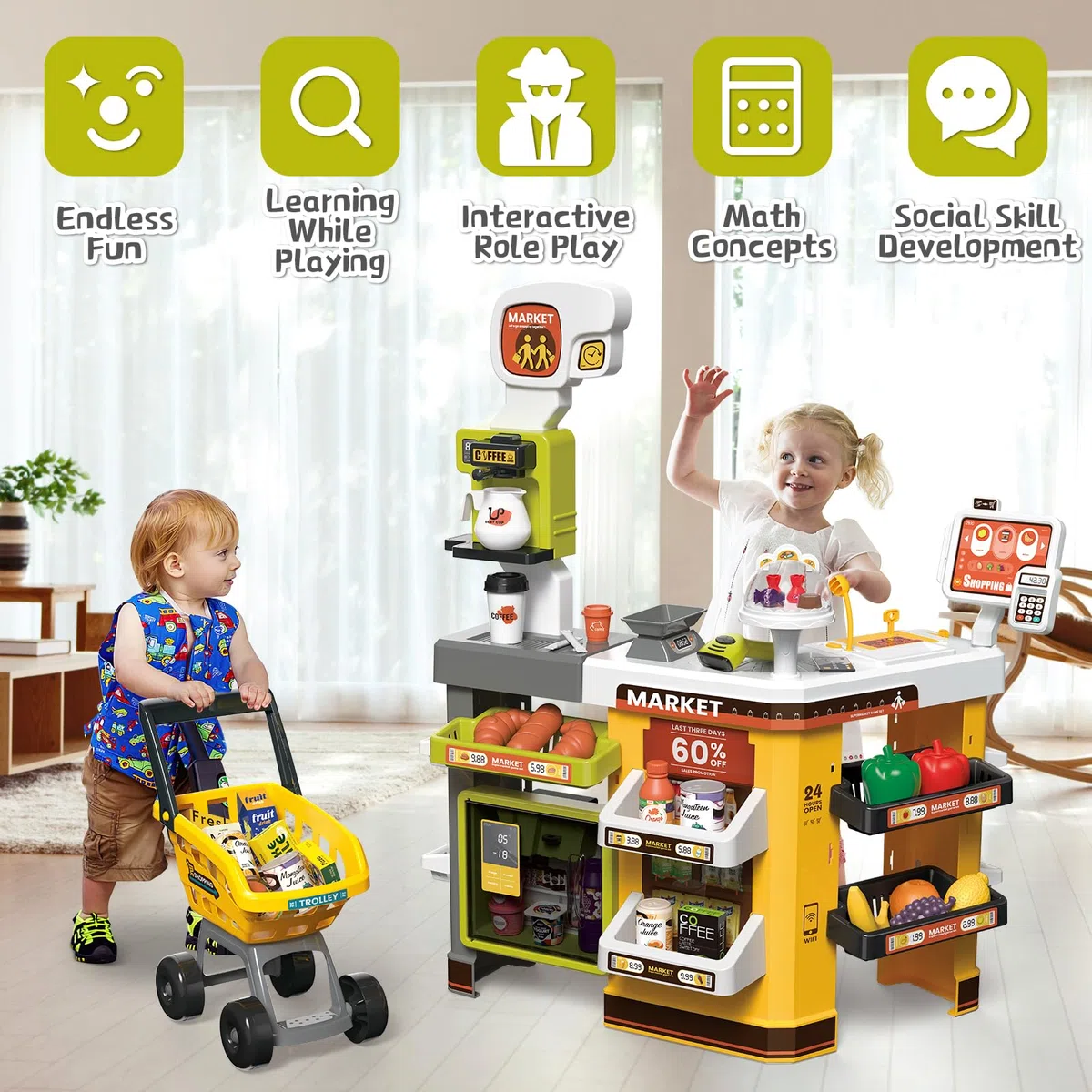 deAO Supermercato Con Carrello Della Spesa, Registratore Di Cassa, 65pcs Accessori Per Negozi, Registratore Di Cassa Con Scanner E Suono, Negozio Giocattolo Per Bambini Da 3 Anni, Compleanno