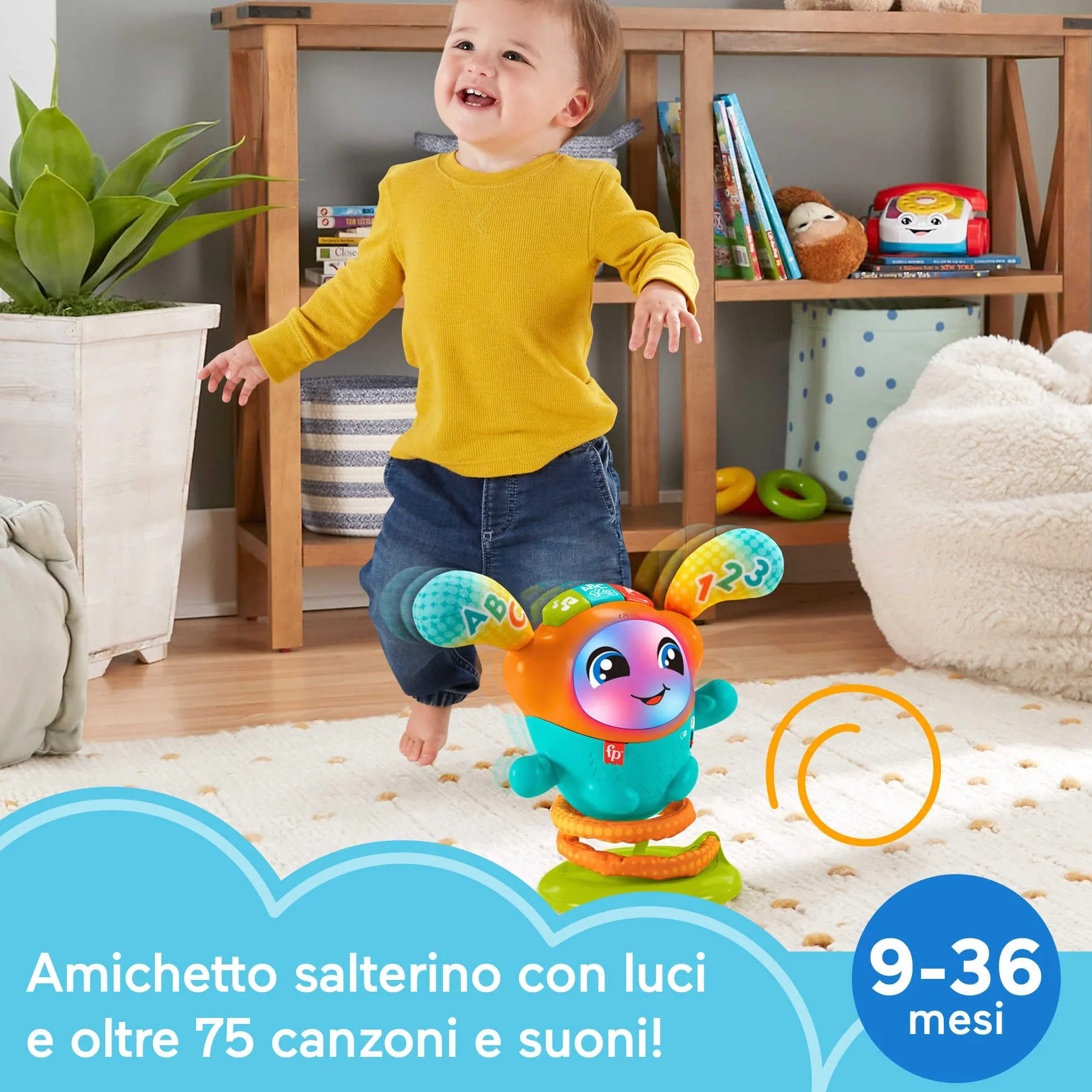 Fisher-Price - DJ Nino Salterino, edizione ITALIANO,SP, PORT, giocattolo musicale interattivo ed educativo con luci e azione saltellante, Giocattolo per Bambini 9-36 Mesi, HJP91