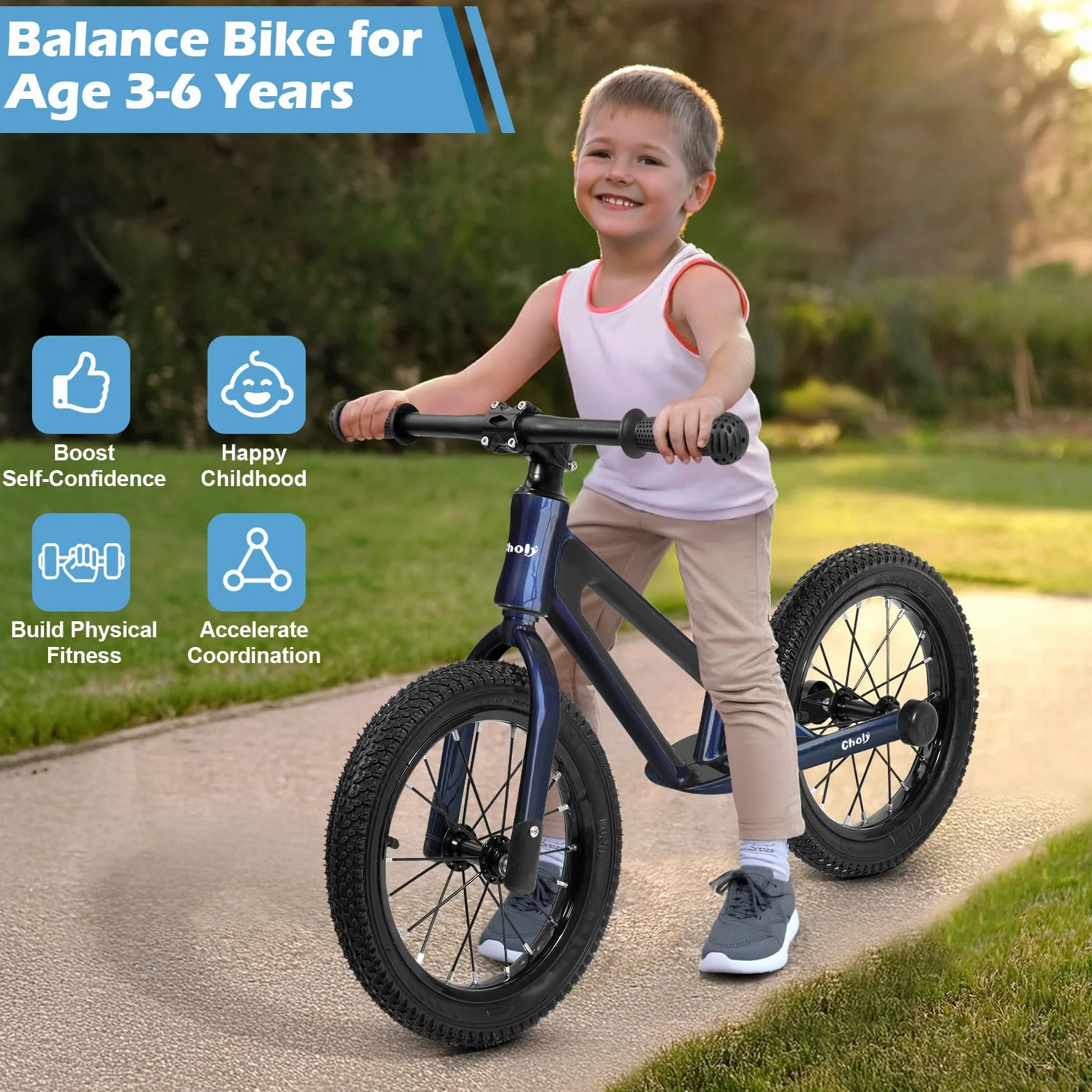 CHOLY Bicicletta da 14 pollici per bambini dai 3 ai 6 anni, senza pedali per bambini con sedile regolabile, pneumatici e telaio in lega di magnesio, bicicletta da allenamento leggera per bambini