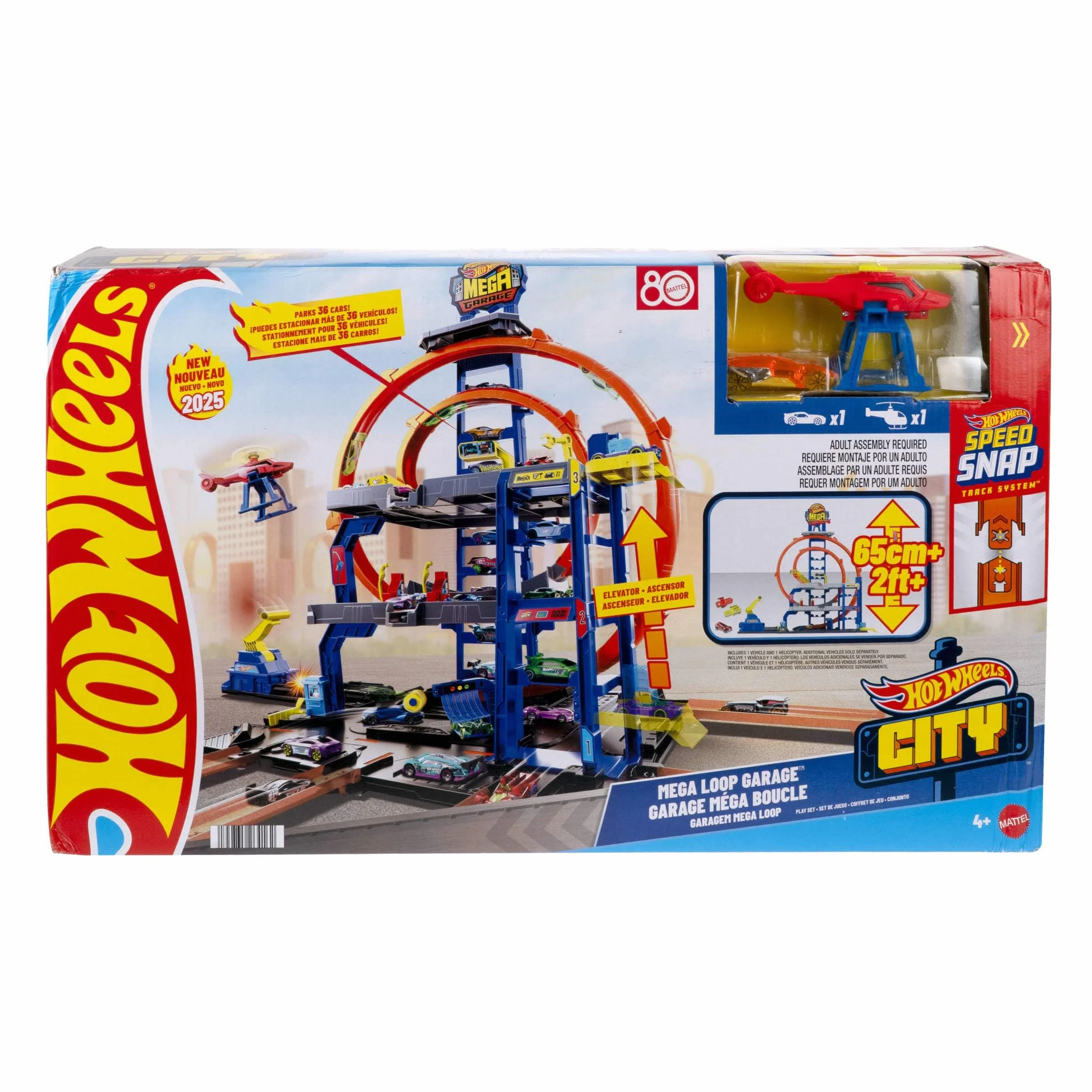 Hot Wheels - Mega Garage, Set Pista con 3 Livelli di Gioco e 2 Loop, macchinina ed Elicottero Inclusi, adattatori Speed Snap e Spazio per riporre 37 Veicoli, Giocattolo per Bambini, 4+ Anni, JLC05