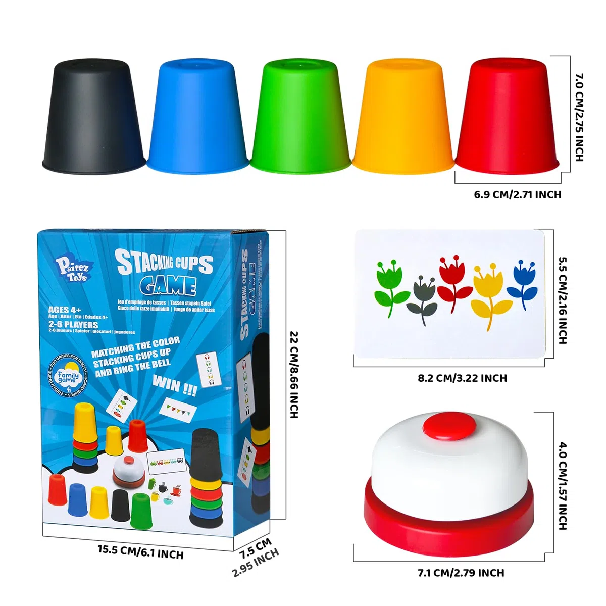 Parez Toys Quick Stacking Cups, Gioco di Tazze Impilabili, Giochi di Velocità, Giocattoli Interattivi con 24 Carte e 30 Tazze