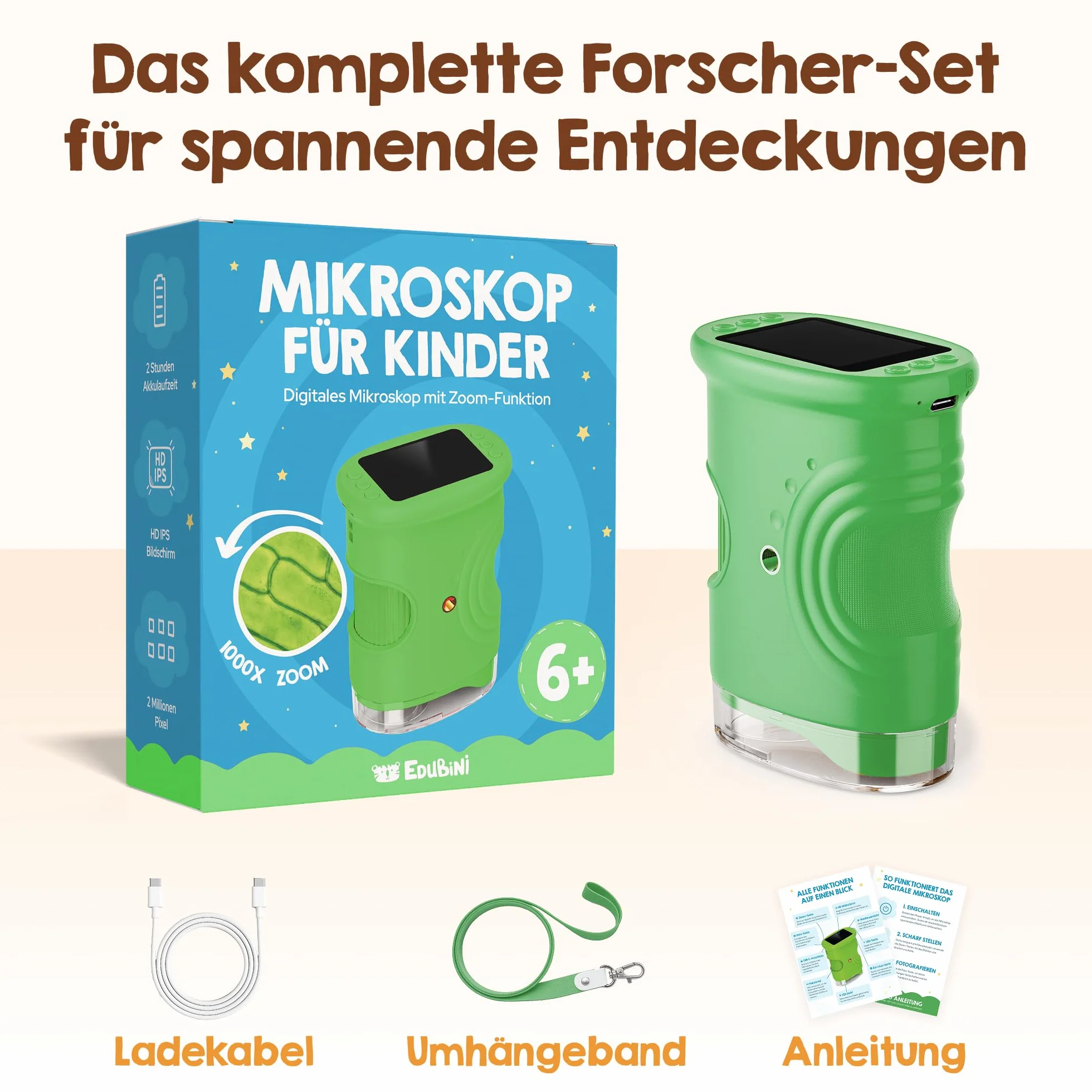 Edubini Microscopio digitale per bambini [ingrandimento 1000x] - Microscopio portatile tascabile per giardino, foresta ed esperimenti - Microscopio per bambini con schermo HD digitale [funzione foto]
