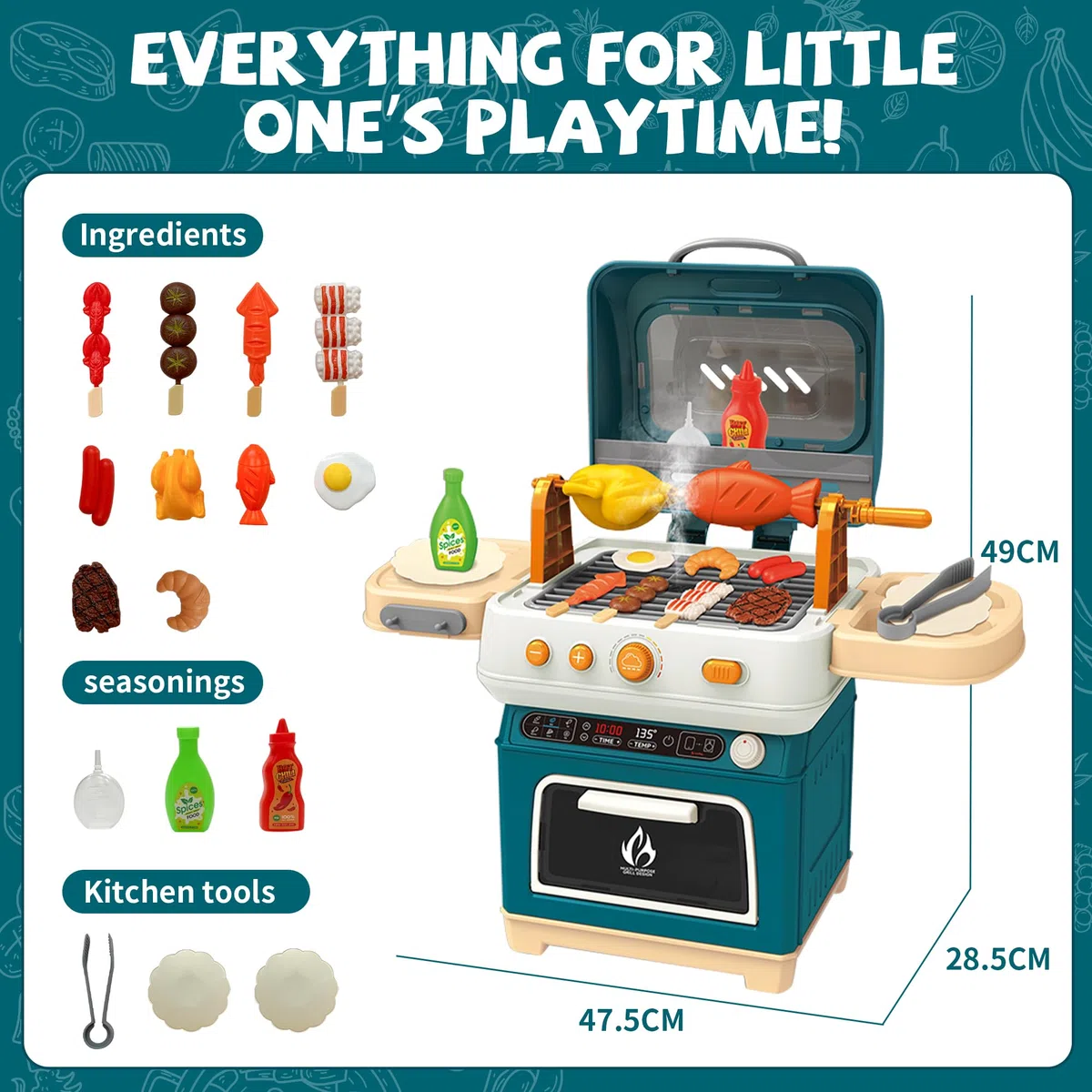 Set di giocattoli per barbecue per bambini con rumori di fumo e luce, accessori da cucina, barbecue interattivo per bambini dai 3 agli 8 anni (BLUA)
