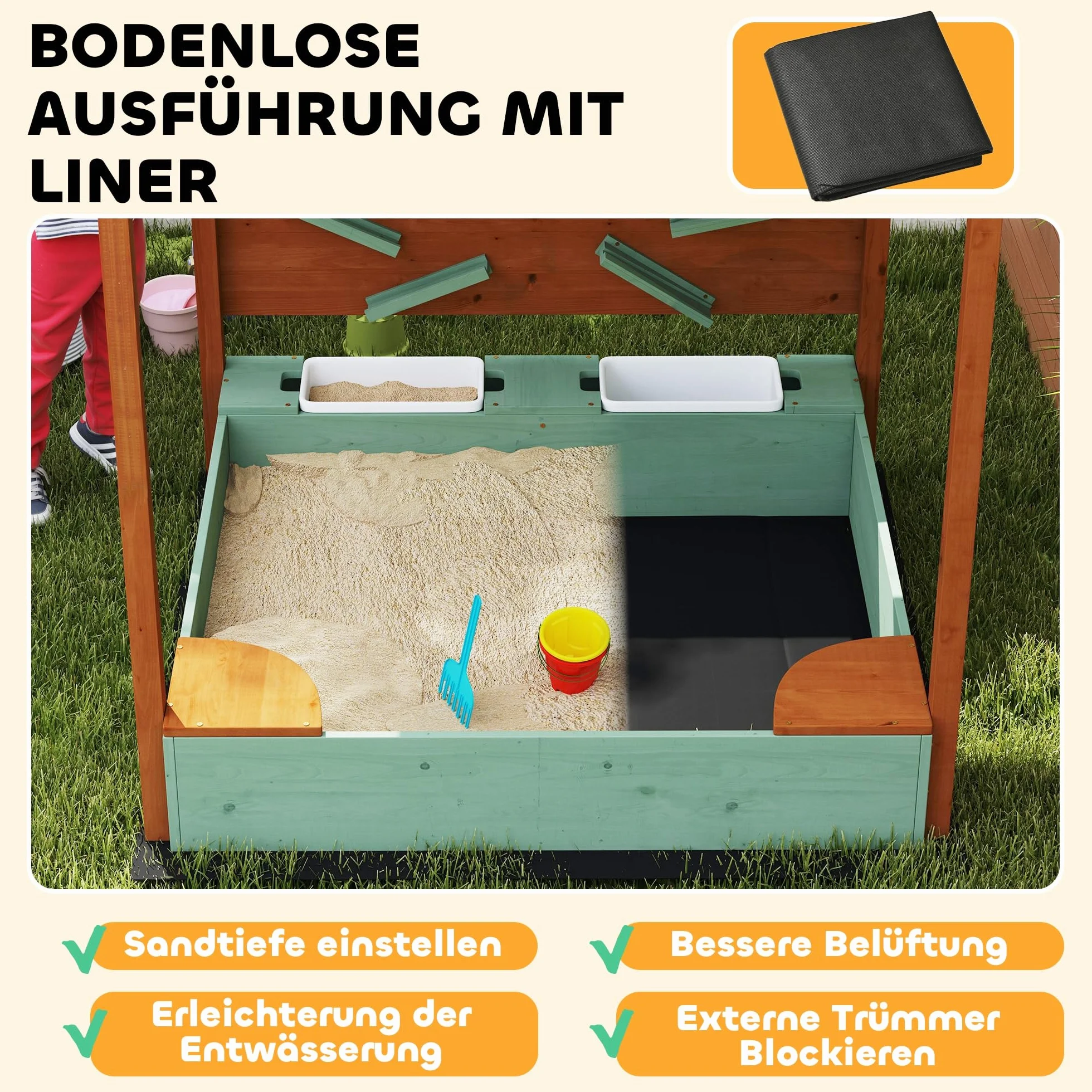 AIYAPLAY Sabbiera con tetto, 116 x 112,5 cm sabbiera in legno Sabbiera con sedile, 2 contenitori, sabbia e giochi d'acqua, secchio con rubinetto per bambini da 3 a 6 anni Verde