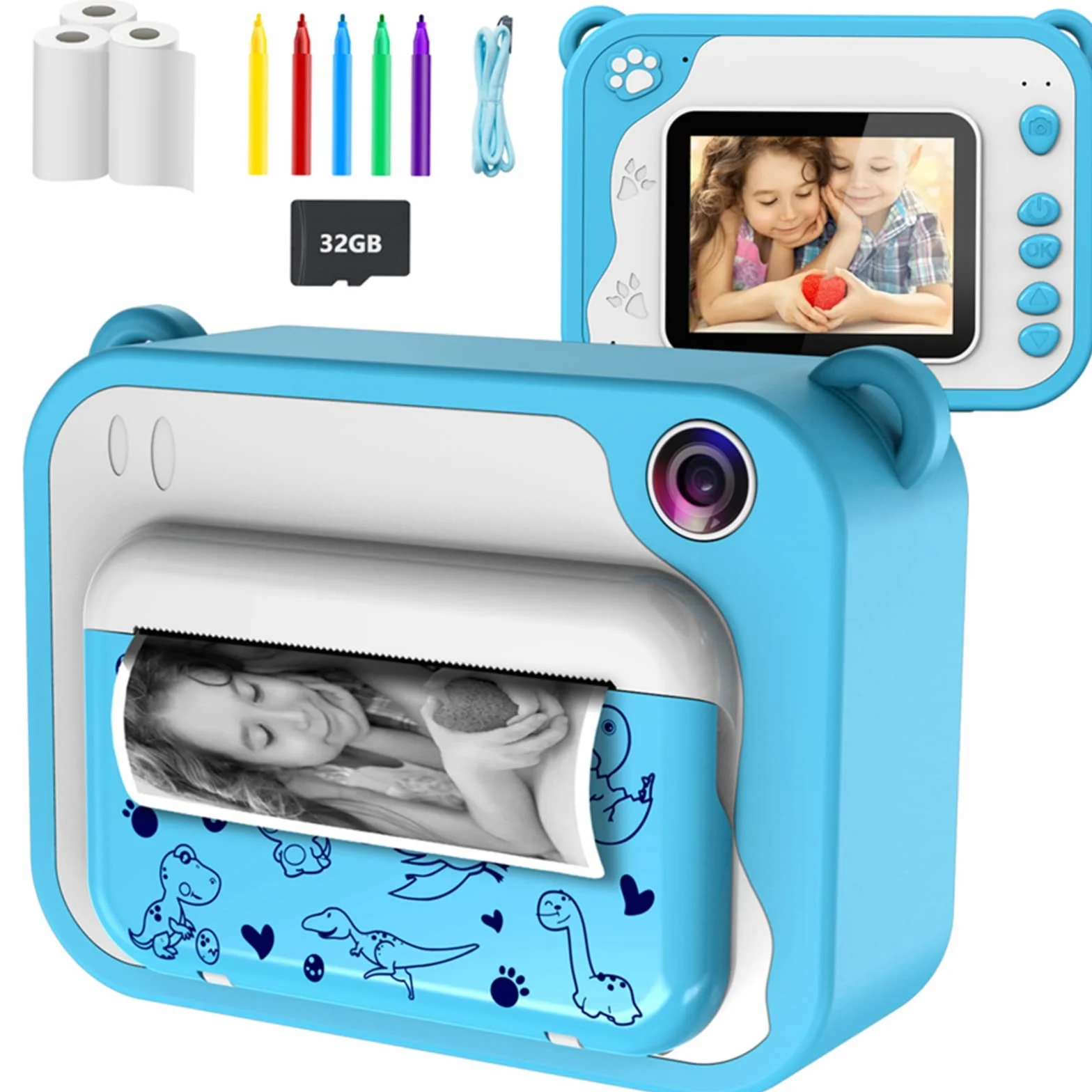 Macchina Fotografica Bambini Istantanea,ULEWAY Digitale Fotocamera 1080P HD Videocamera Giochi con 32GB Scheda SD, 5 Penne Colorate, Regalo di Compleanno per Ragazzi e ragazze 3-12 Anni (Blu)