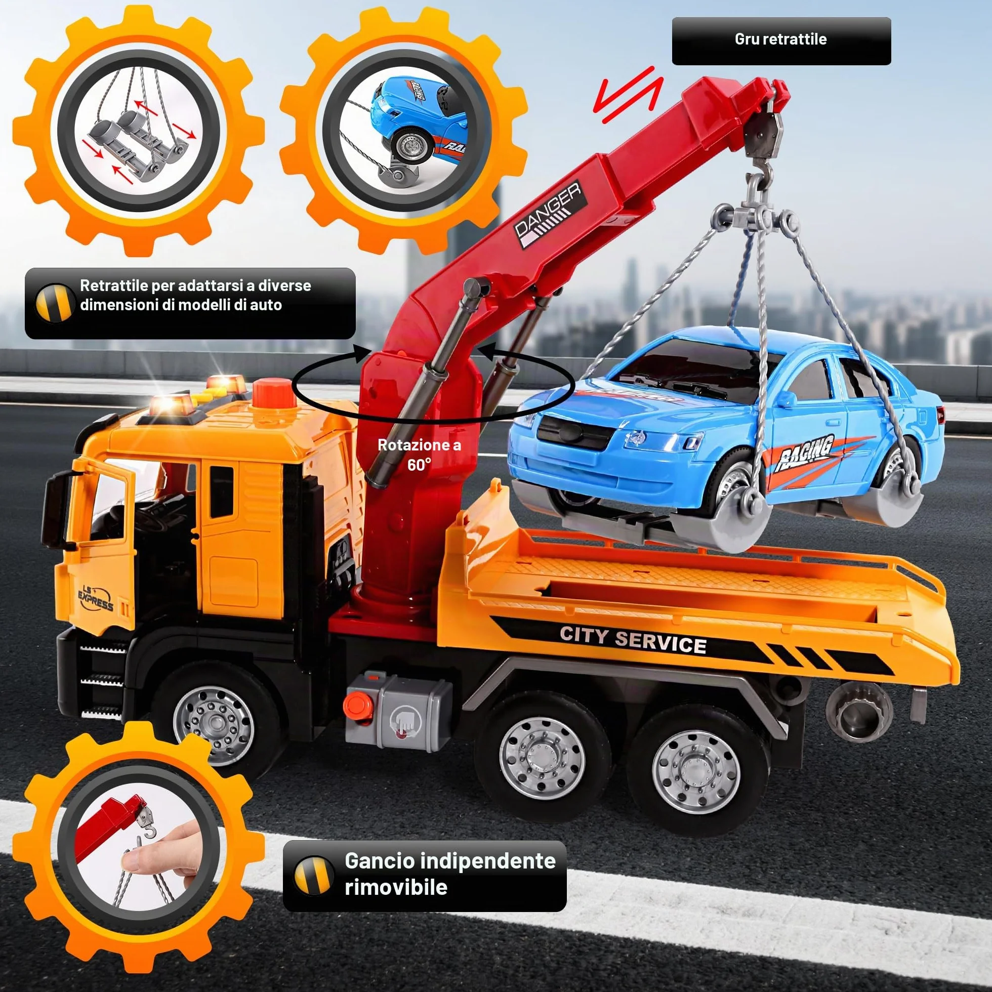 BunnyJOY Camion Giocattolo Bambini 3 4 5 6 Anni, Camion Soccorso Giocattolo con Luci e Suoni, Carro Attrezzi con Gru e Catena con Auto Inclusa, Regalo Bambini