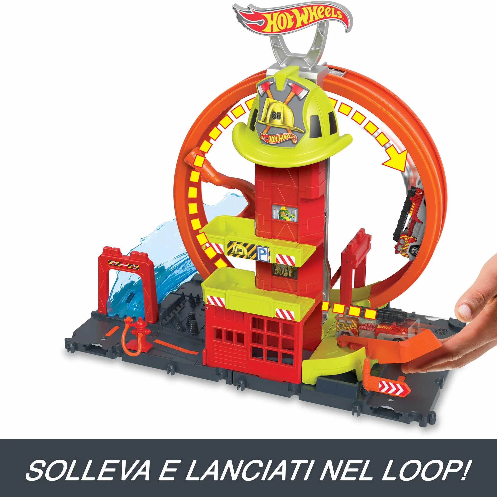 Hot Wheels - City Caserma dei Pompieri con Super Loop, con 1 macchinina, ascensore azionato manualmente, rampa simil-acquatica, Giocattolo per Bambini 4+ Anni, HKX41