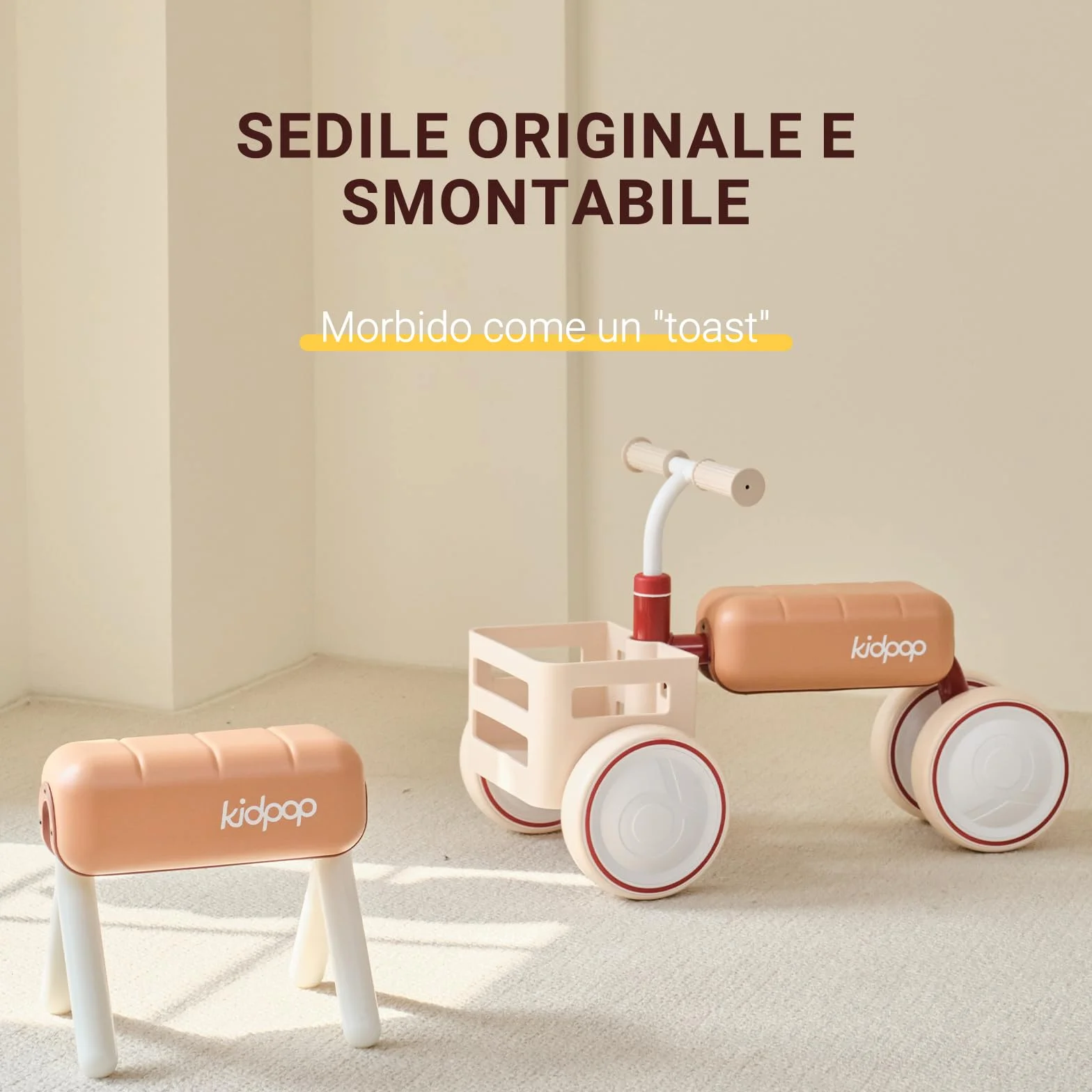 kidpop Toast Balance Bike/Passeggino per Bambini, Veicolo Convertibile, Telaio a Triplo Anti-Ribaltamento, Sedile Rimovibile, Cestino Sicuro per Alimenti