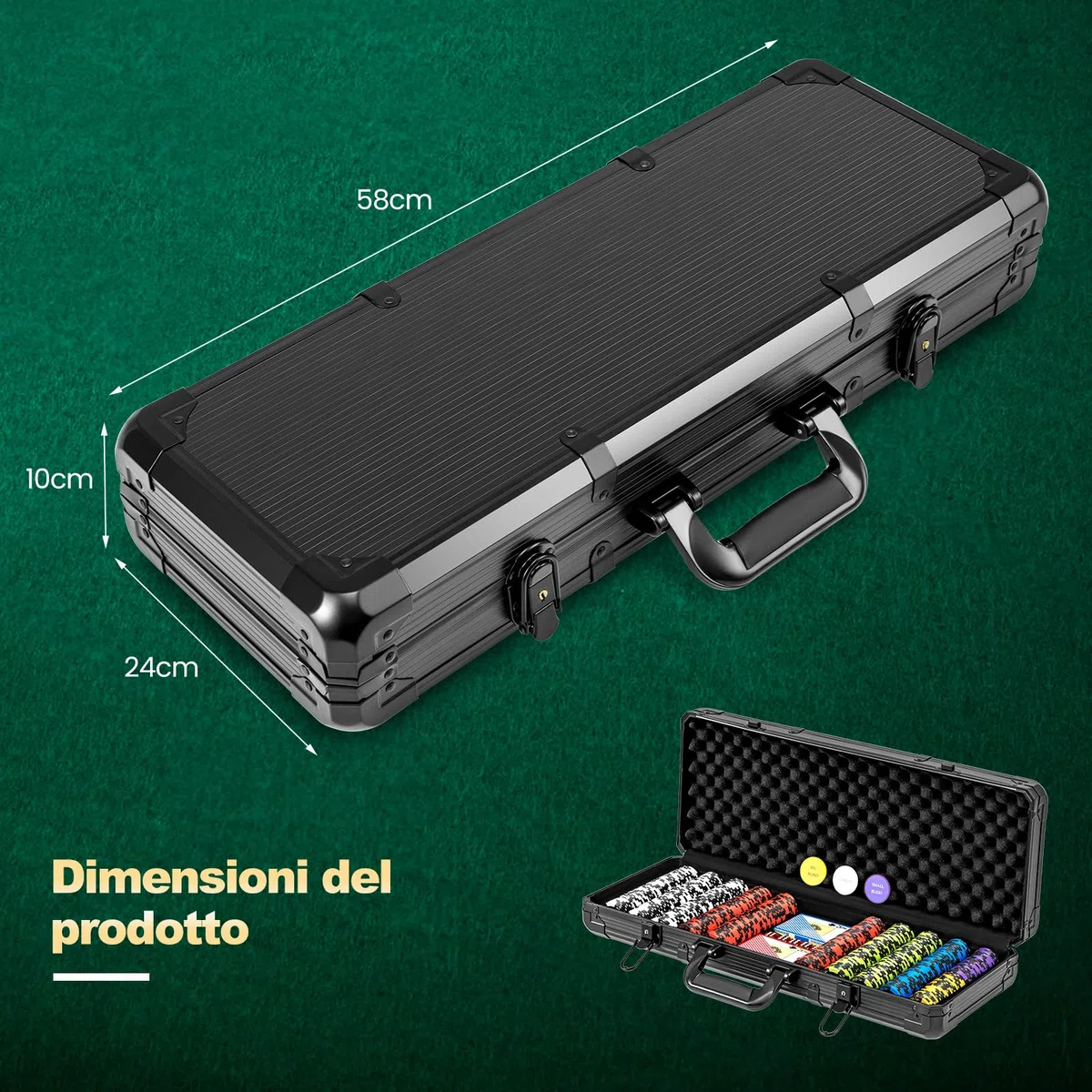 COSTWAY Poker Chips, Set di Fiches da Poker con 500/300 Chips e Custodia in Alluminio, Mazzo di Carte 5 Dadi, Set di Fiches per Party Viaggi e Feste (500 chips)