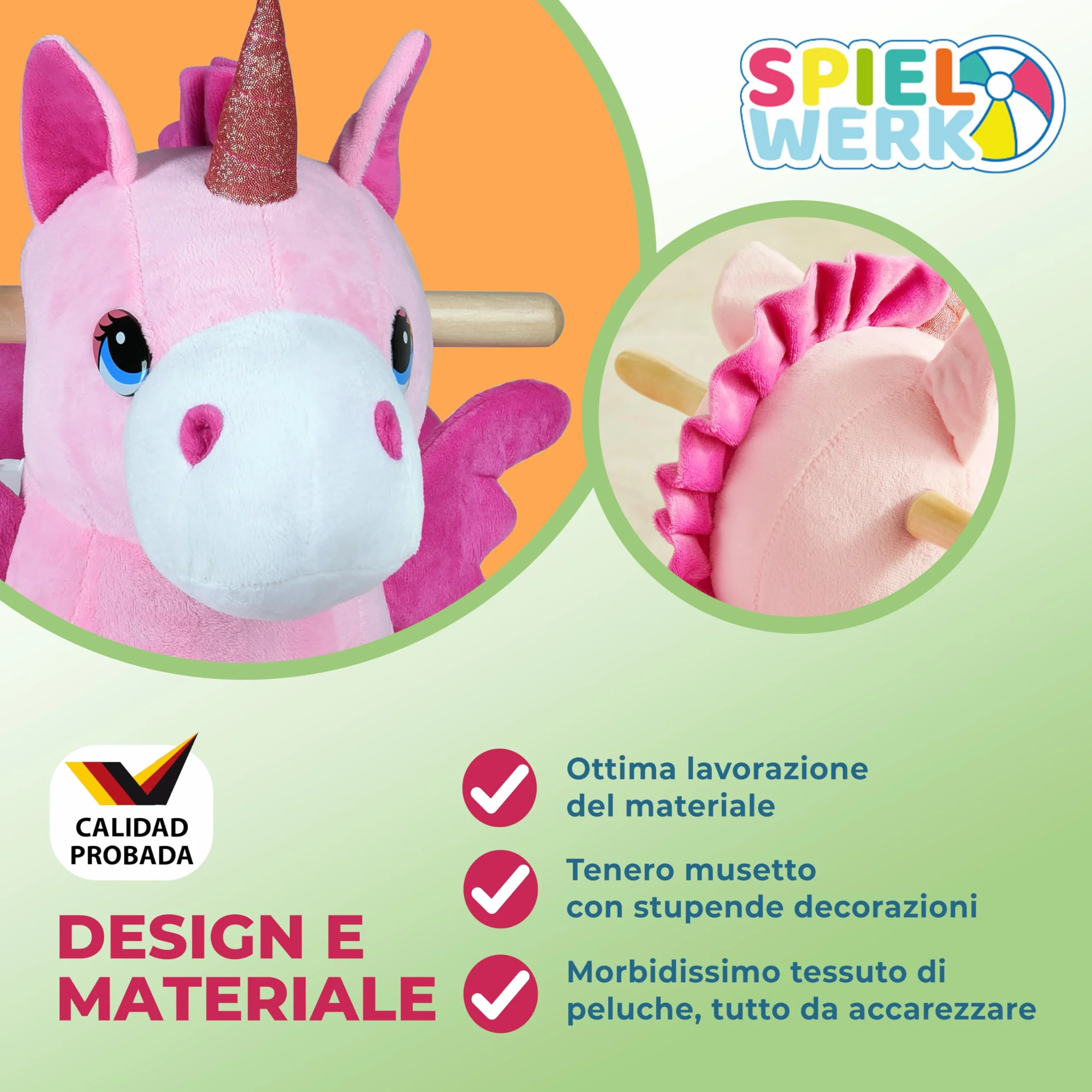 DEUBA® Unicorno Rosa Peluche a Dondolo Legno con Suoni Cintura di Sicurezza Giochi Infanzia Bambini Giocattolo Regalo