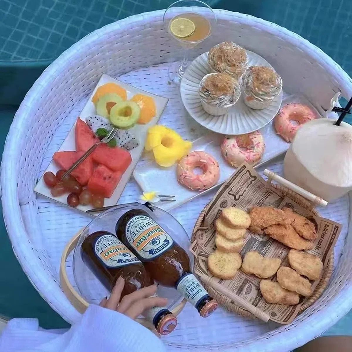 Vassoio galleggiante per piscina, tavolo rotondo da bar galleggiante per servire bevande e cibo, ideale per spa, spiagge e feste
