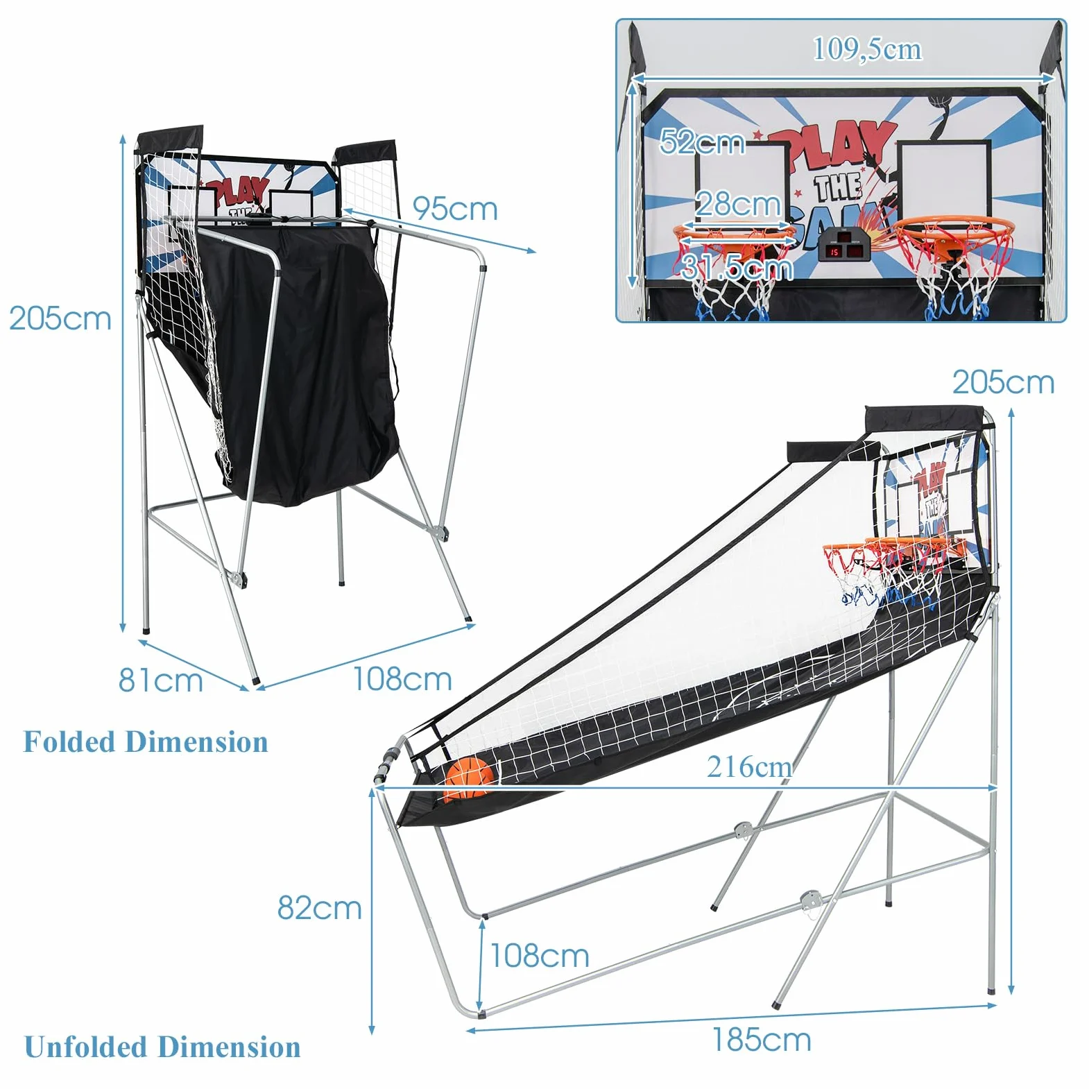 LIFEZEAL Gioco Arcade di Pallacanestro pieghevole, doppio cestino da Basket con 8 modalità di gioco e contatore per 2 persone, rete di sicurezza, telaio in metallo, 4 palloncini, 1 pompa