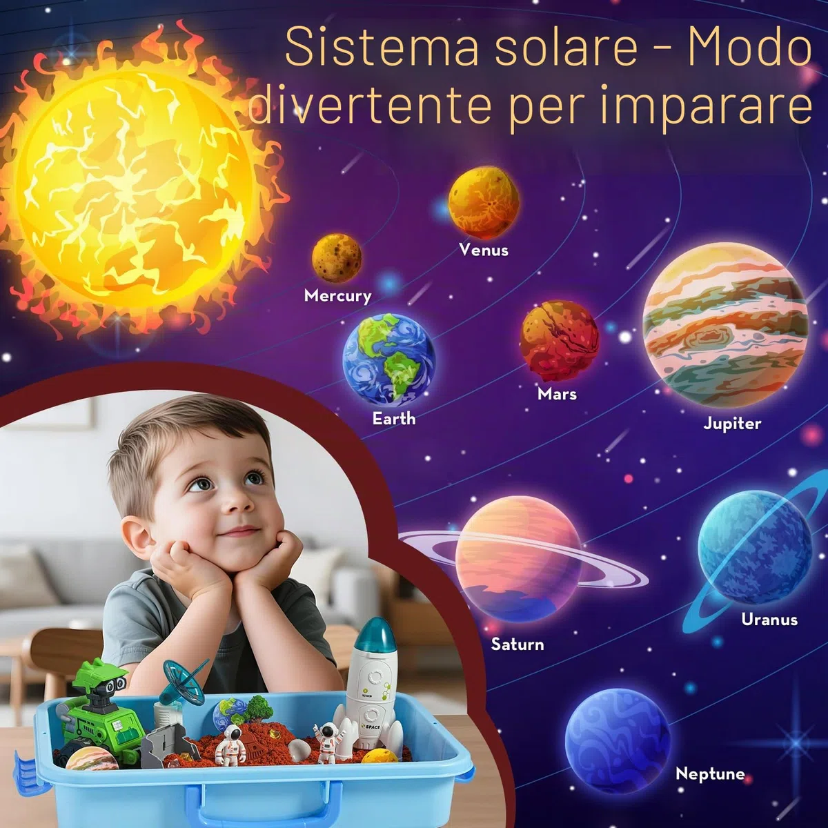 KNASON Sabbia Giocattolo Bambini, Spazio Scientifici Kit di Sand con Sabbia Magica, illuminano al Buio Alieno e Gemme, Giocattoli per Sabbiera Regalo di Natale per Bambini 3 ai 8 Anni