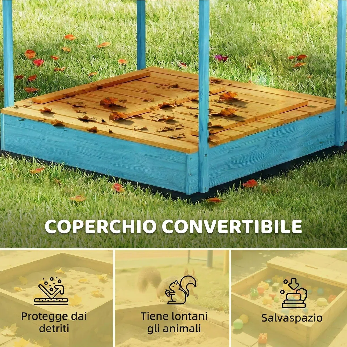 AIYAPLAY Sabbiera per Bambini 3-6 Anni con Tettuccio Dinosauri, Sedute Pieghevoli, Coperchio e Fodera Inclusa, Sabbionaia per Bambini in Legno di Abete, 134.5x127.5x130 cm, Blu
