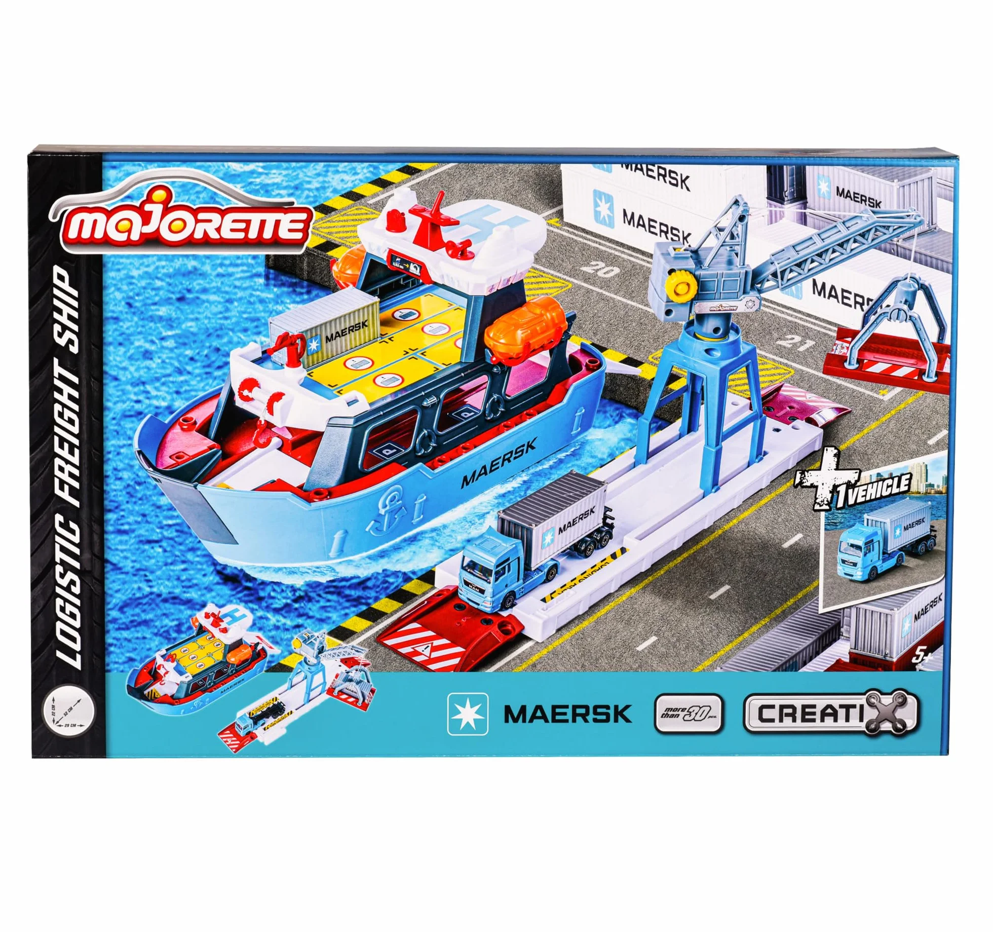 Majorette - Creatix Nave Container MAERSK, 212050039, +3 anni, playset con nave e piattaforma di carico con gru, incluso un camion con container, con due barche di salvataggio, misura 52 cm