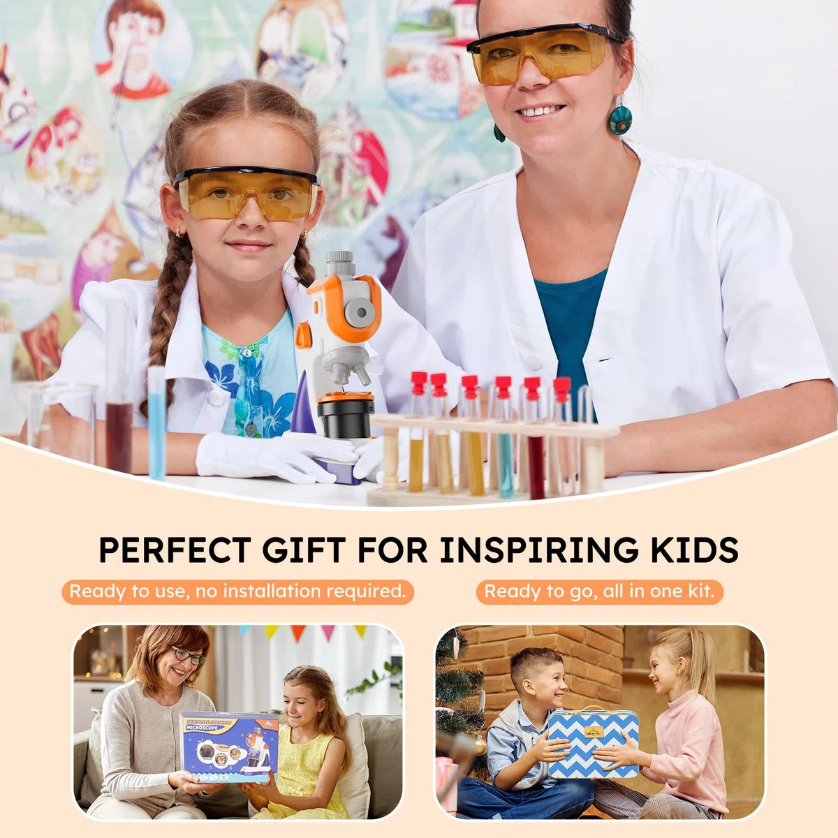 MAXLAPTER Microscopio per Bambini 1200X con Proiettore: Microscopio con Vetrini Preparati e Borsa per la Conservazione - Regali di Scienza Edu per Bambini Principianti di 8-12 Anni (Arancione-Viola)