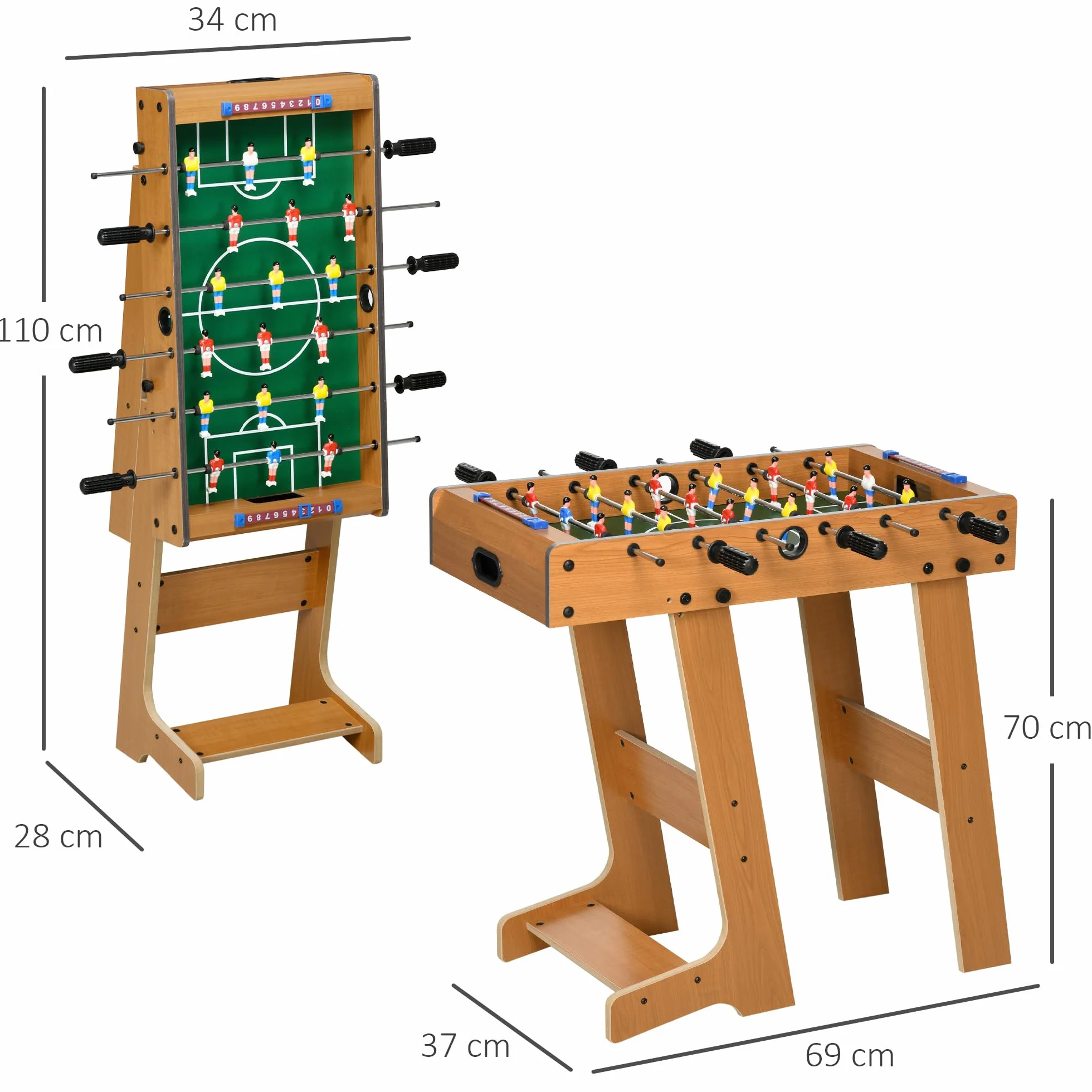 HOMCOM Calcio Balilla Pieghevole Compatto in Legno, Biliardino Salvaspazio con 6 Aste, 18 Giocatori e Segnapunti, 69x37x70cm