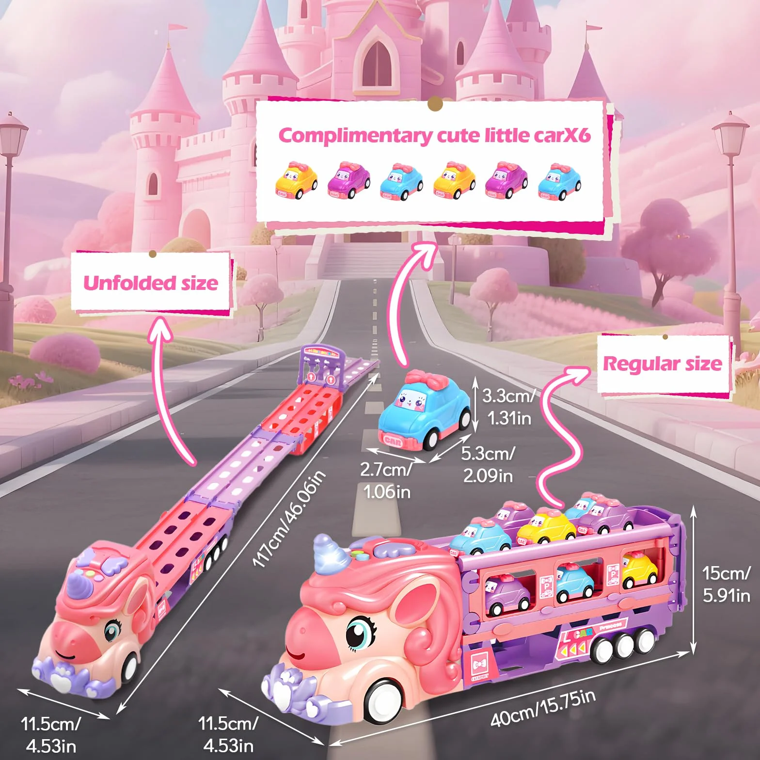 RoserRose Camion Giocattolo per Bambini, Unicorno Camion Porta Macchinine con 6 Mini Cars, Luci e Musica, Regalo Bambina 2 Anni, Macchina Giocattoli per Bambina 2 3 4 5 6 Anni