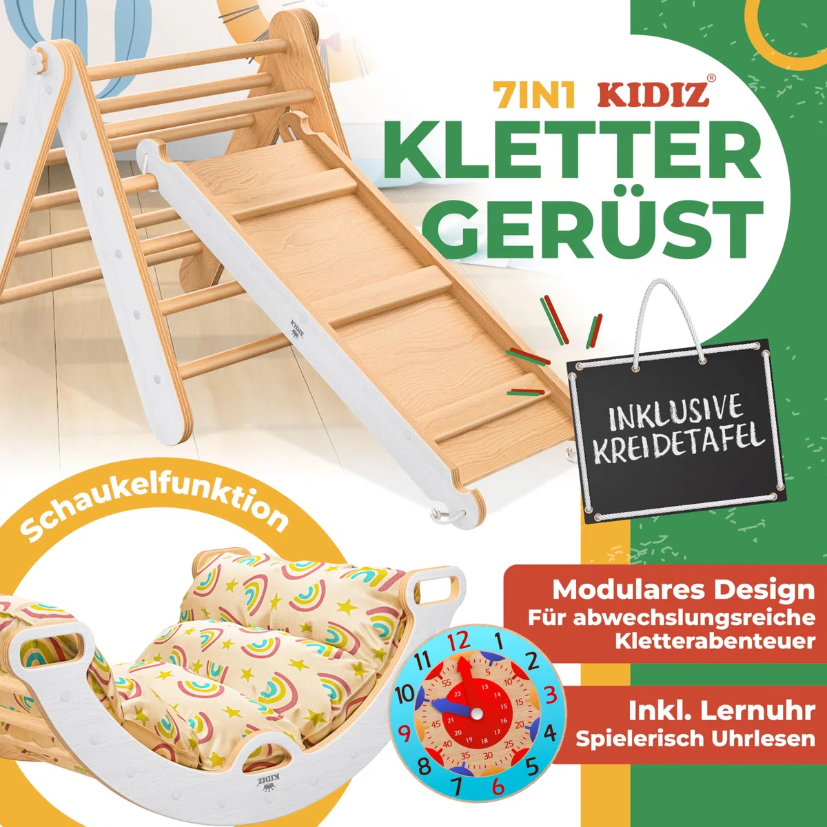 Kidiz Montessori Set di gioco 7 in 1 arrampicata scivolo triangolo legno cuscino lavagna orologio didattico