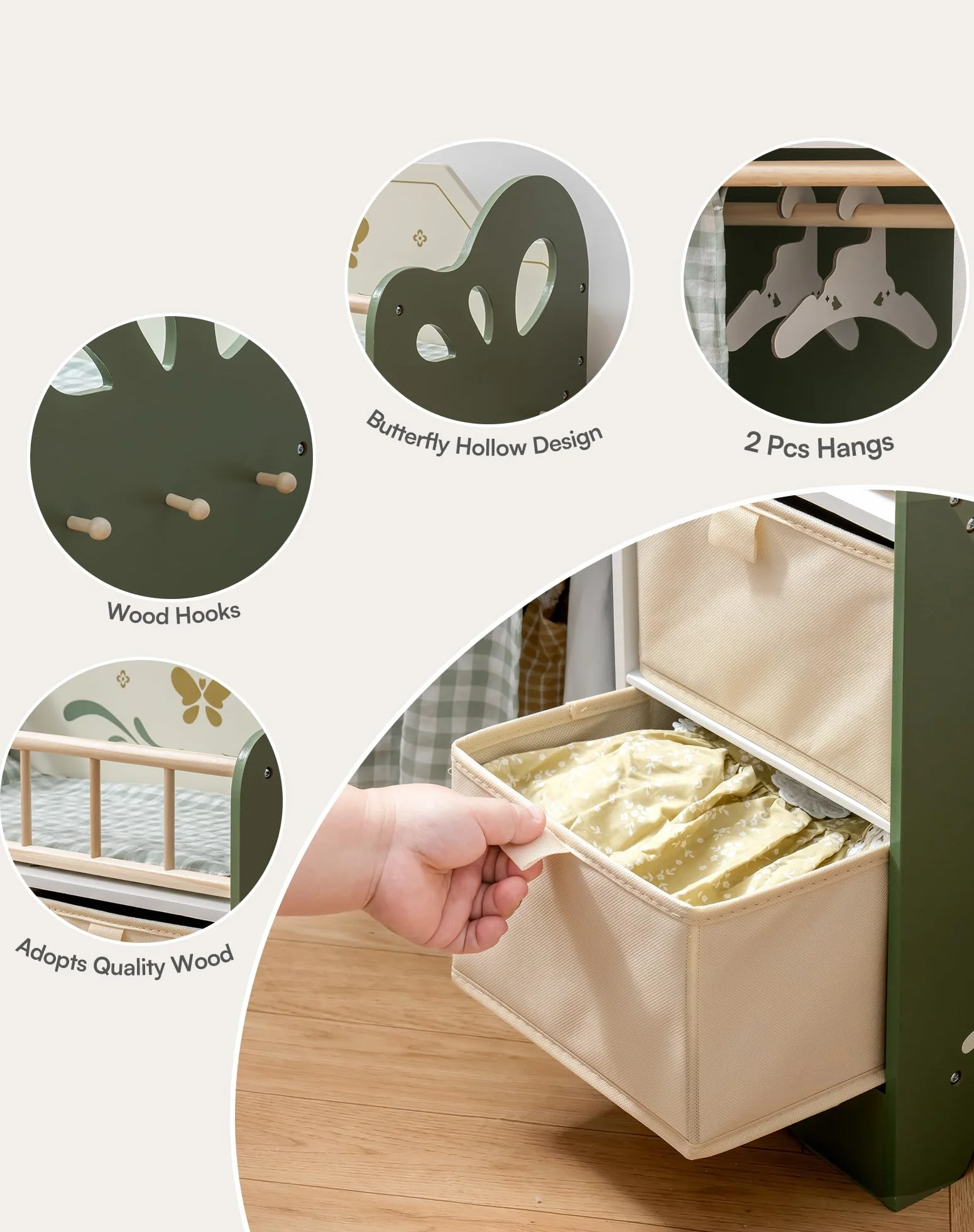 ROBUD Letto per bambole in legno con armadio e biancheria, fino a 53 cm, regalo per bambine dai 3 anni (verde)