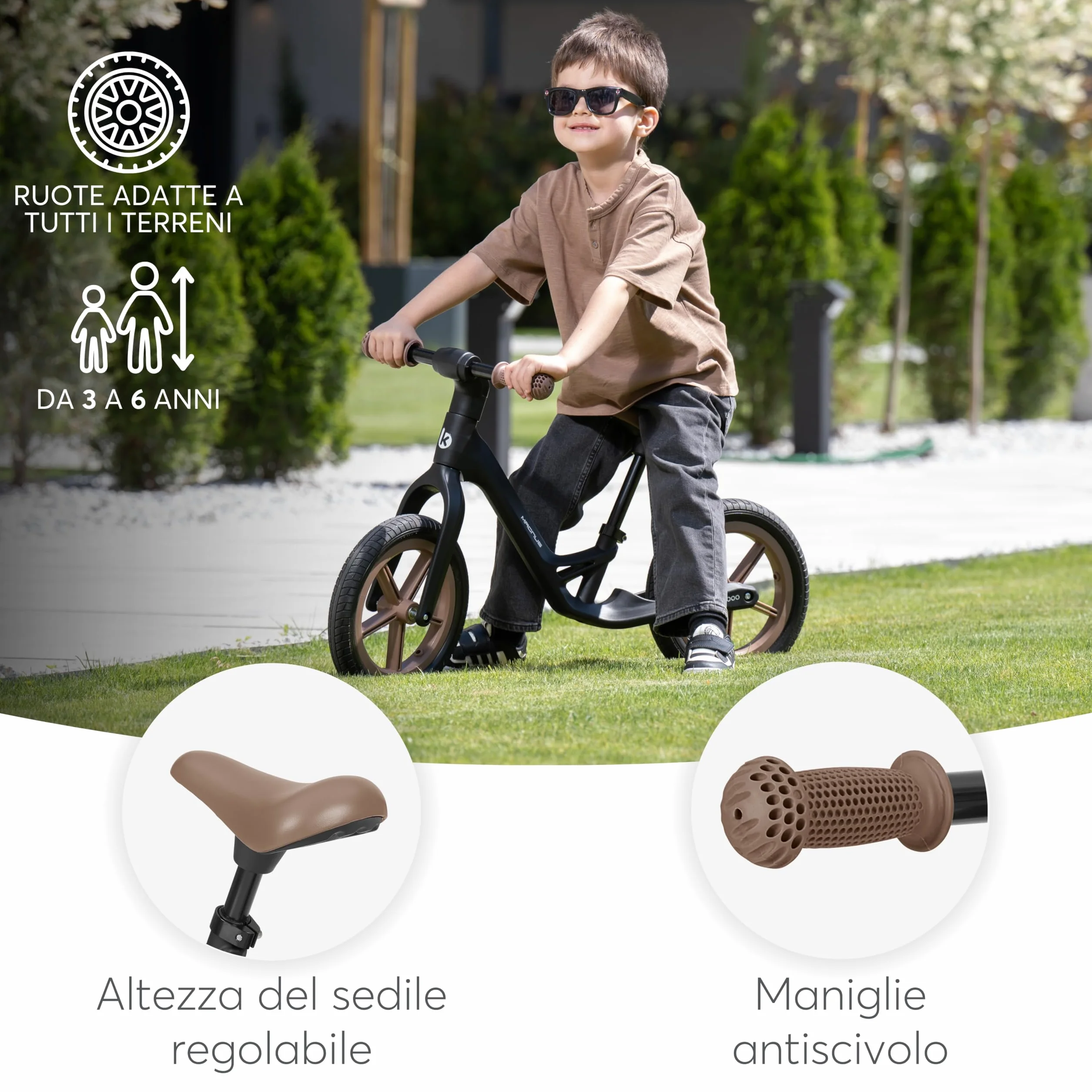KikkaBoo MAGNUS Bicicletta Senza Pedali per Bambini 3–6 Anni, Telaio Leggero in Fibra di Vetro, Sedile Regolabile, Maniglie Antiscivolo, Ruote PU Resistenti