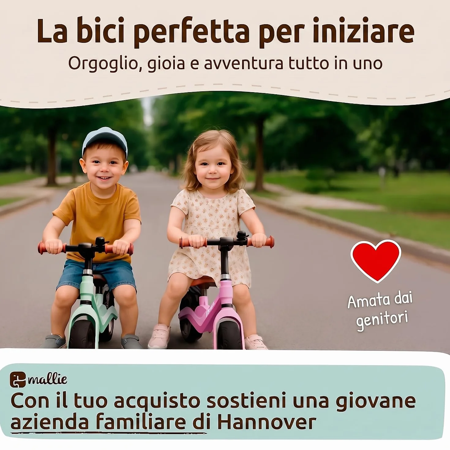 Mallie® Bicicletta Bambini 2-3 Anni con campanello - Balance Bike, Regalo Bambina 3 Anni, Giochi Bambina 2 Anni, Bici Senza Pedali 2 Anni, Regalo Bambino 4 Anni