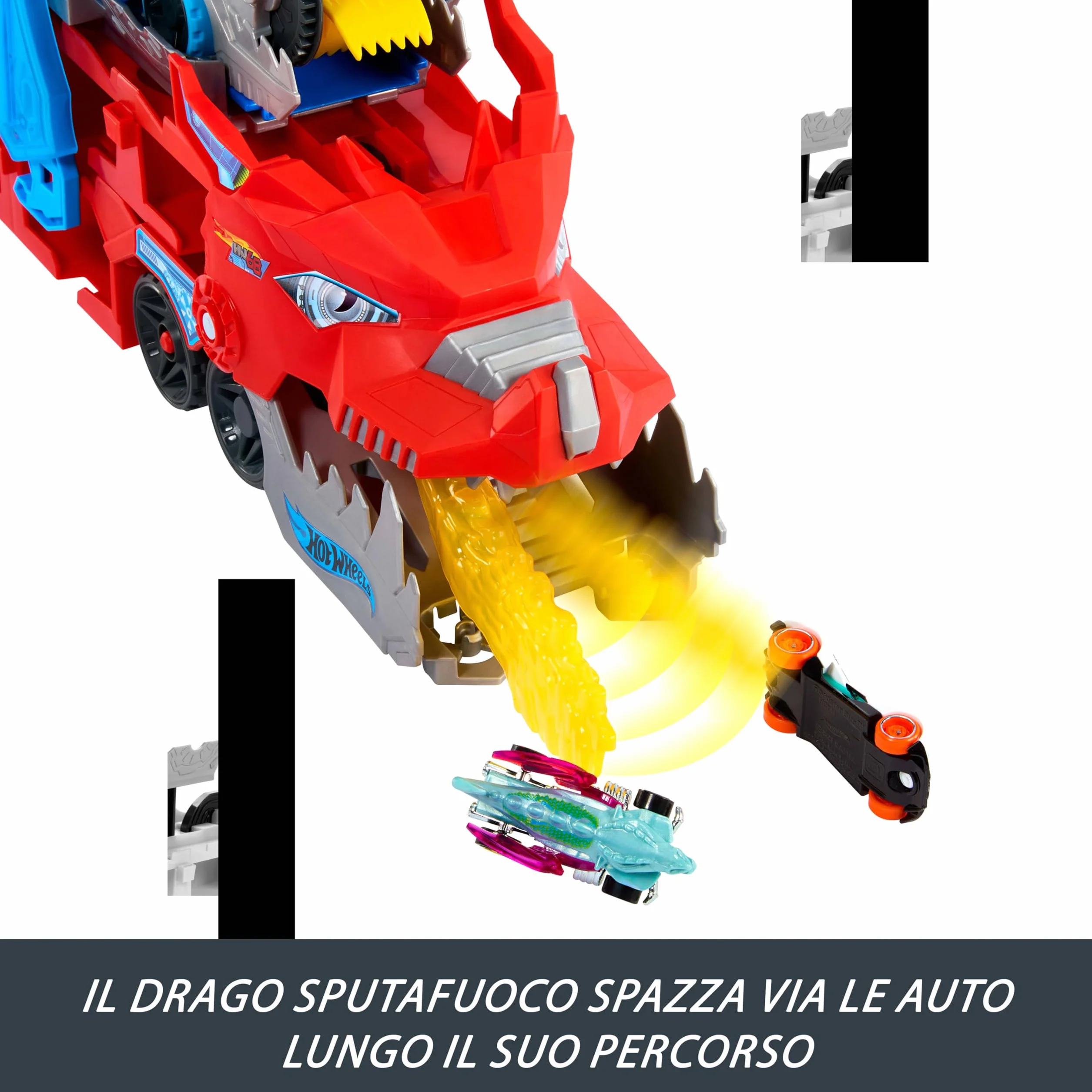 Hot Wheels - Drago Trasportatore, Veicolo trasformabile di Grandi Dimensioni con Drago Rimovibile e 2 macchinine Incluse, Contiene Fino a 20 Veicoli, Giocattolo per Bambini, 4+ Anni, JKJ79