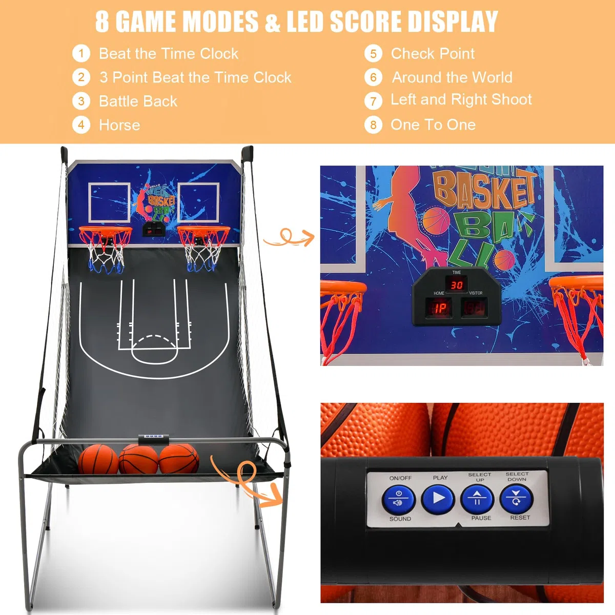 KOMFOTTEU Set di cestini da pallacanestro, arcade pieghevole a doppio cestino con contatore elettronico, 8 in 1 macchina da tiro da basket con 4 palline e pompa, 202 x 107 x 205 cm (blu)